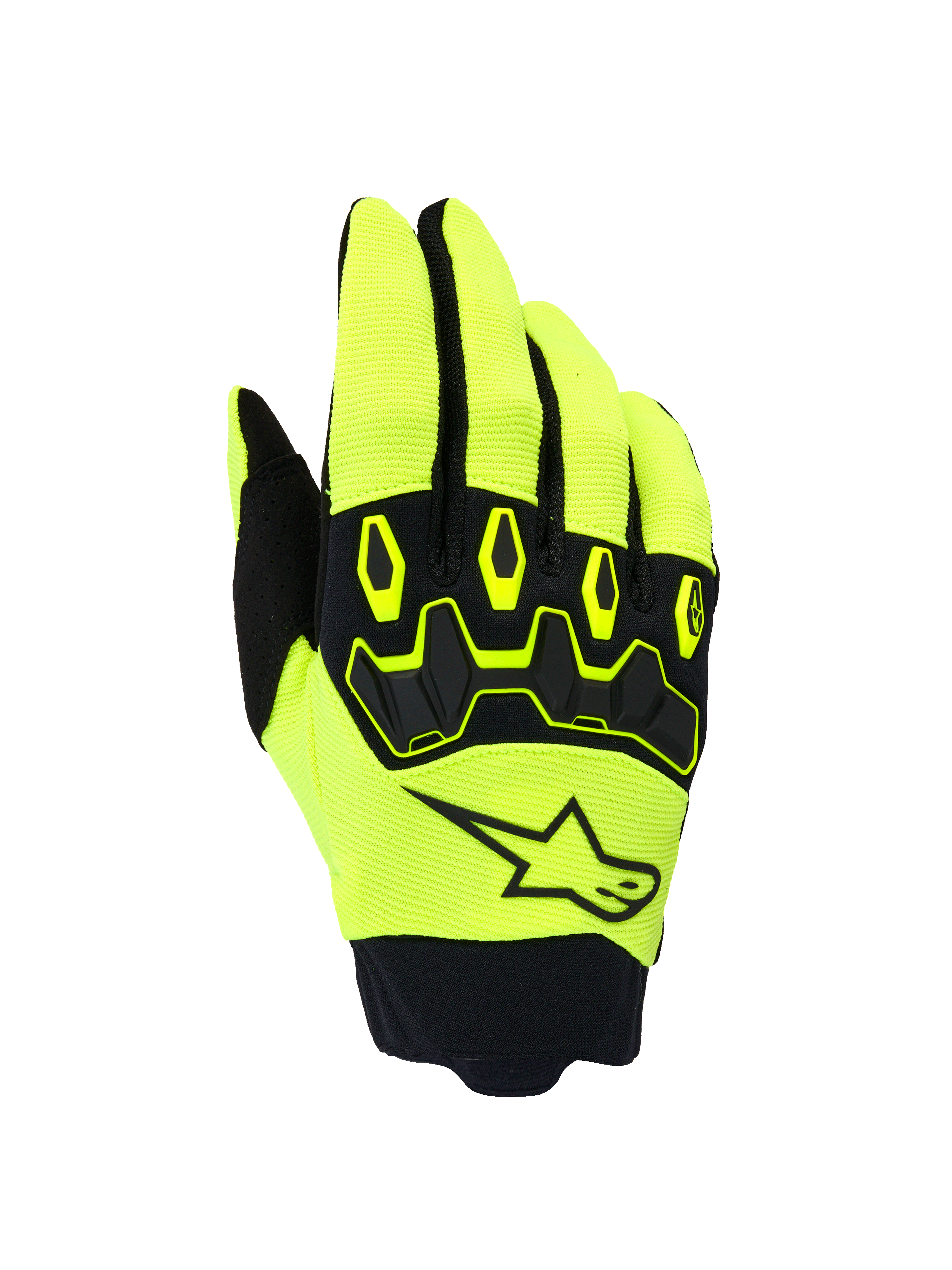 Alpinestars Full Bore V2 handsker, motocross off-road handsker, gul fluo og sort, med ergonomisk TPR-knobeskyttelse og Alpinestars stjerne-logo på bagsiden, åndbart strækstof med neoprenmanchet