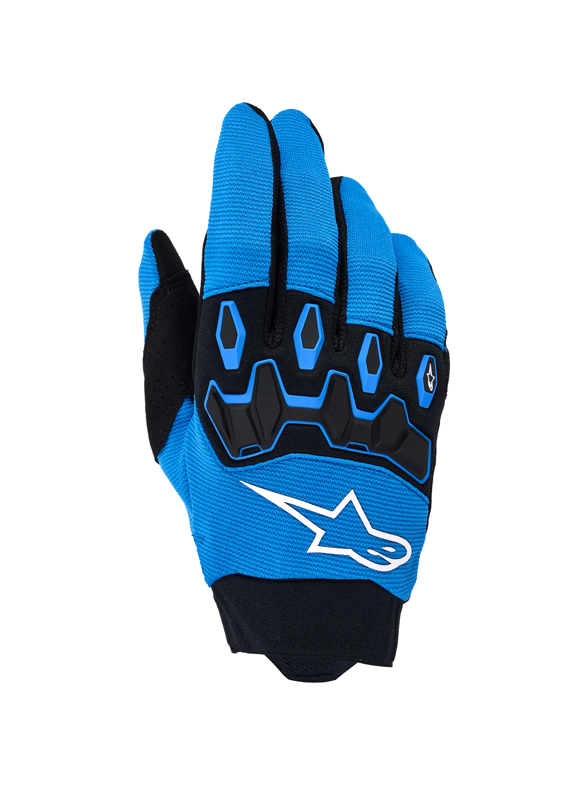 Alpinestars Full Bore V2 handsker, motocrosshandsker, UCLA blå og sort, med et markant hvidt logo og sort TPR-knobeskyttelse på en overdel i åndbart strækstof, designet til højtydende off-road kørsel