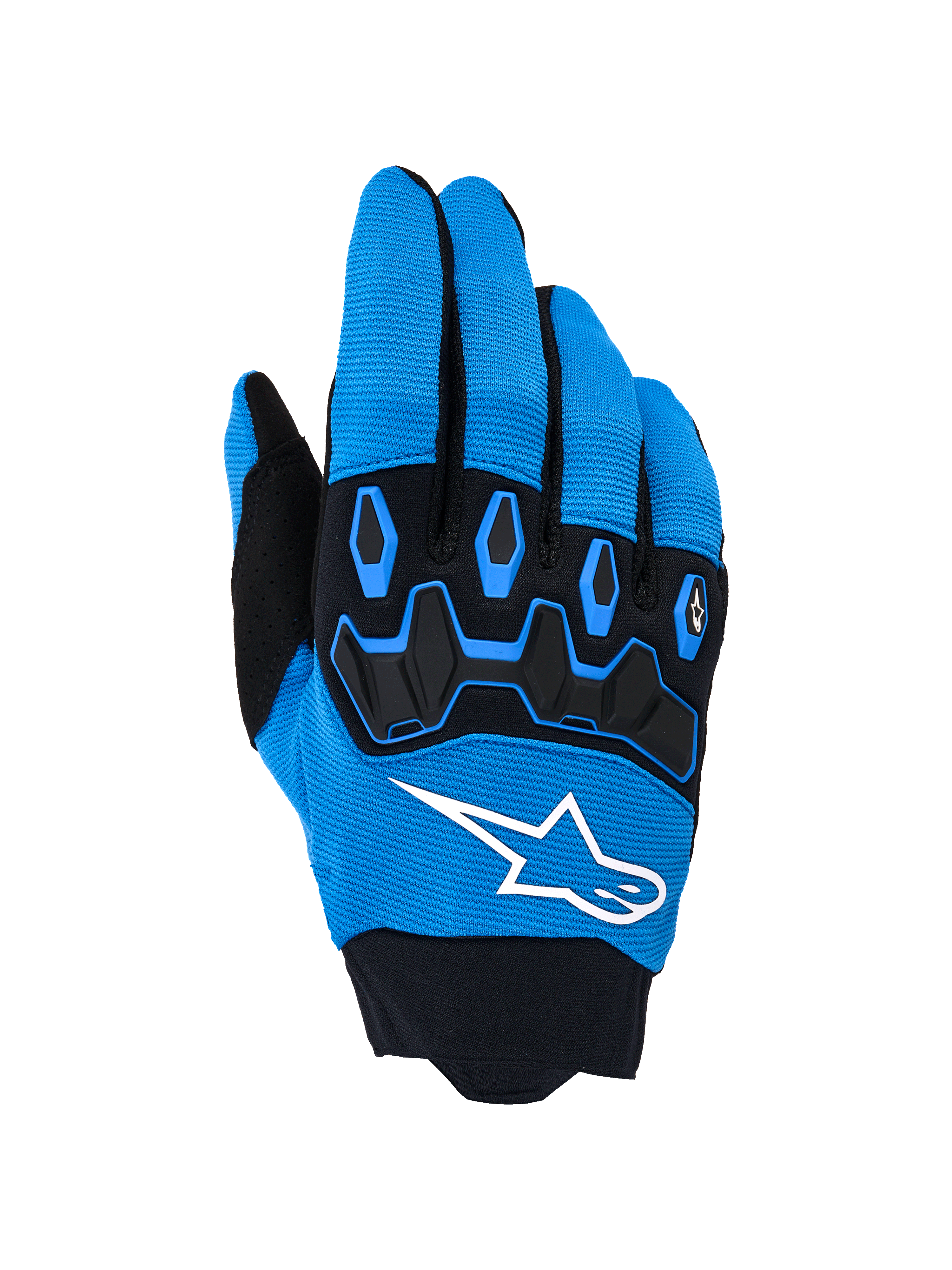 Alpinestars Full Bore V2 handsker, motocrosshandsker, UCLA blå og sort, med et markant hvidt logo og sort TPR-knobeskyttelse på en overdel i åndbart strækstof, designet til højtydende off-road kørsel