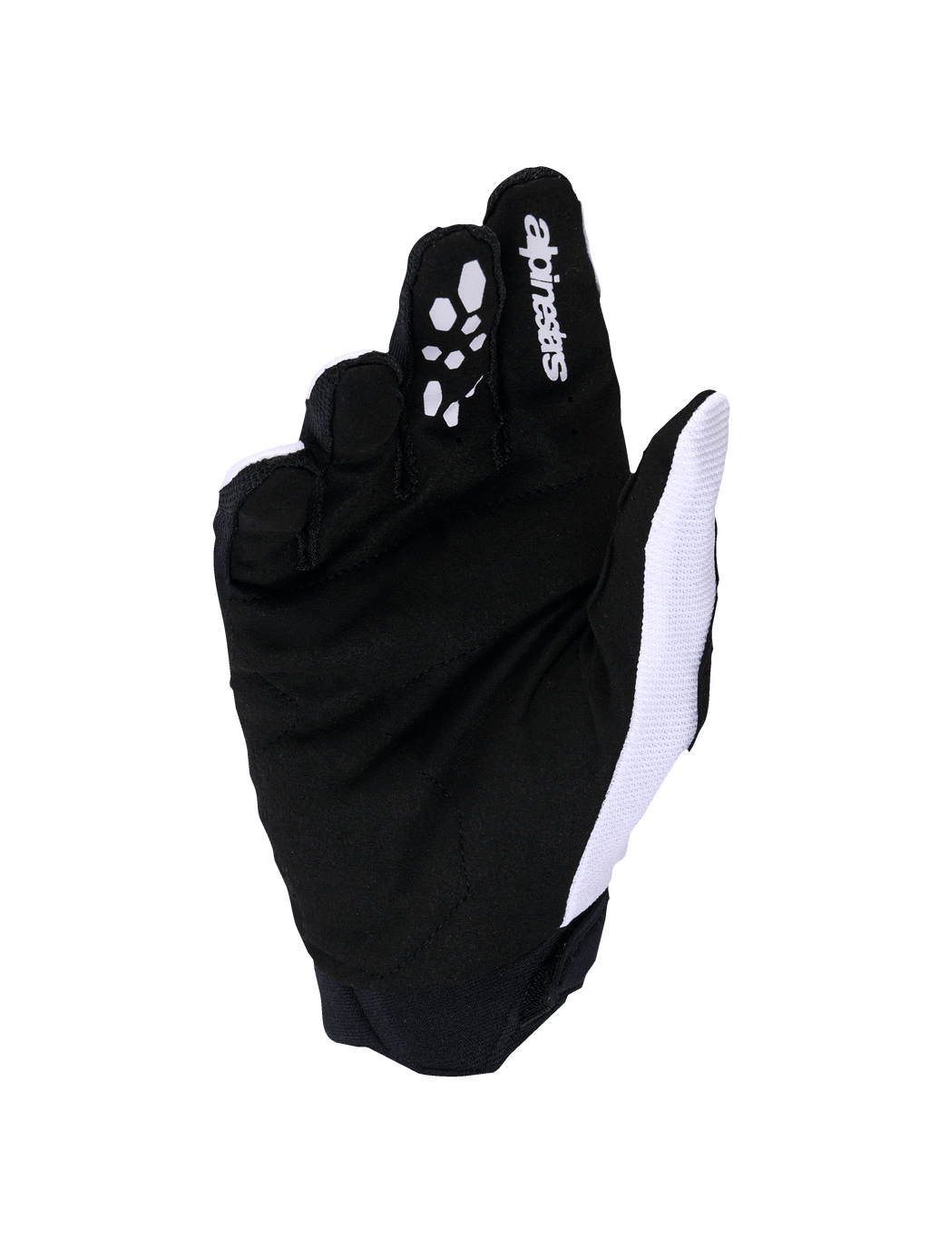 Alpinestars Full Bore V2 handsker, motocross-handsker, lysegrå og sort, håndfladevisning med forstærket syntetisk ruskind og silikonegreb på fingrene, hvidt åndbart mesh på tommelfingersiden og Alpinestars-logo på pegefingeren.