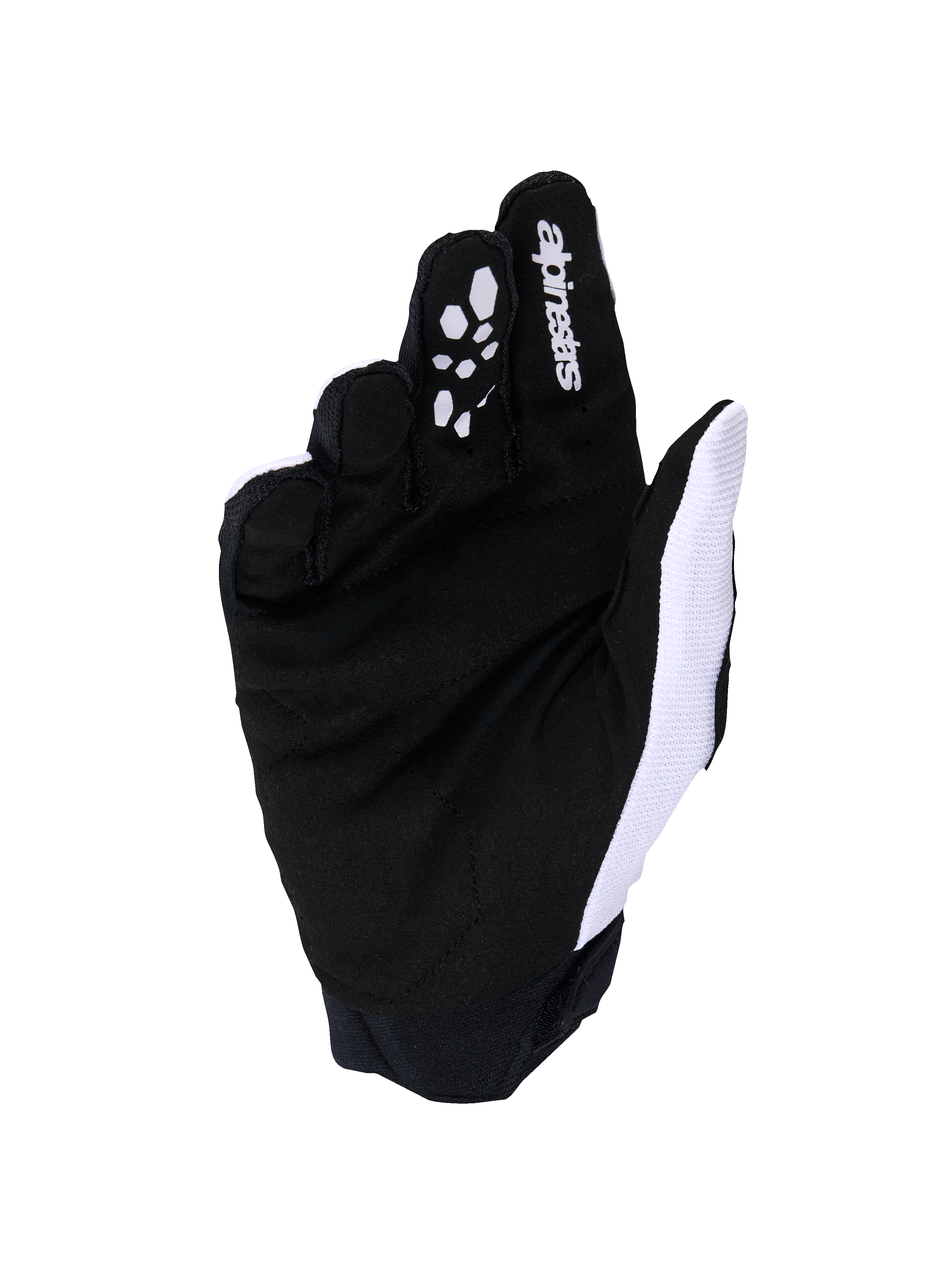 Alpinestars Full Bore V2 handsker, motocross-handsker, lysegrå og sort, håndfladevisning med forstærket syntetisk ruskind og silikonegreb på fingrene, hvidt åndbart mesh på tommelfingersiden og Alpinestars-logo på pegefingeren.