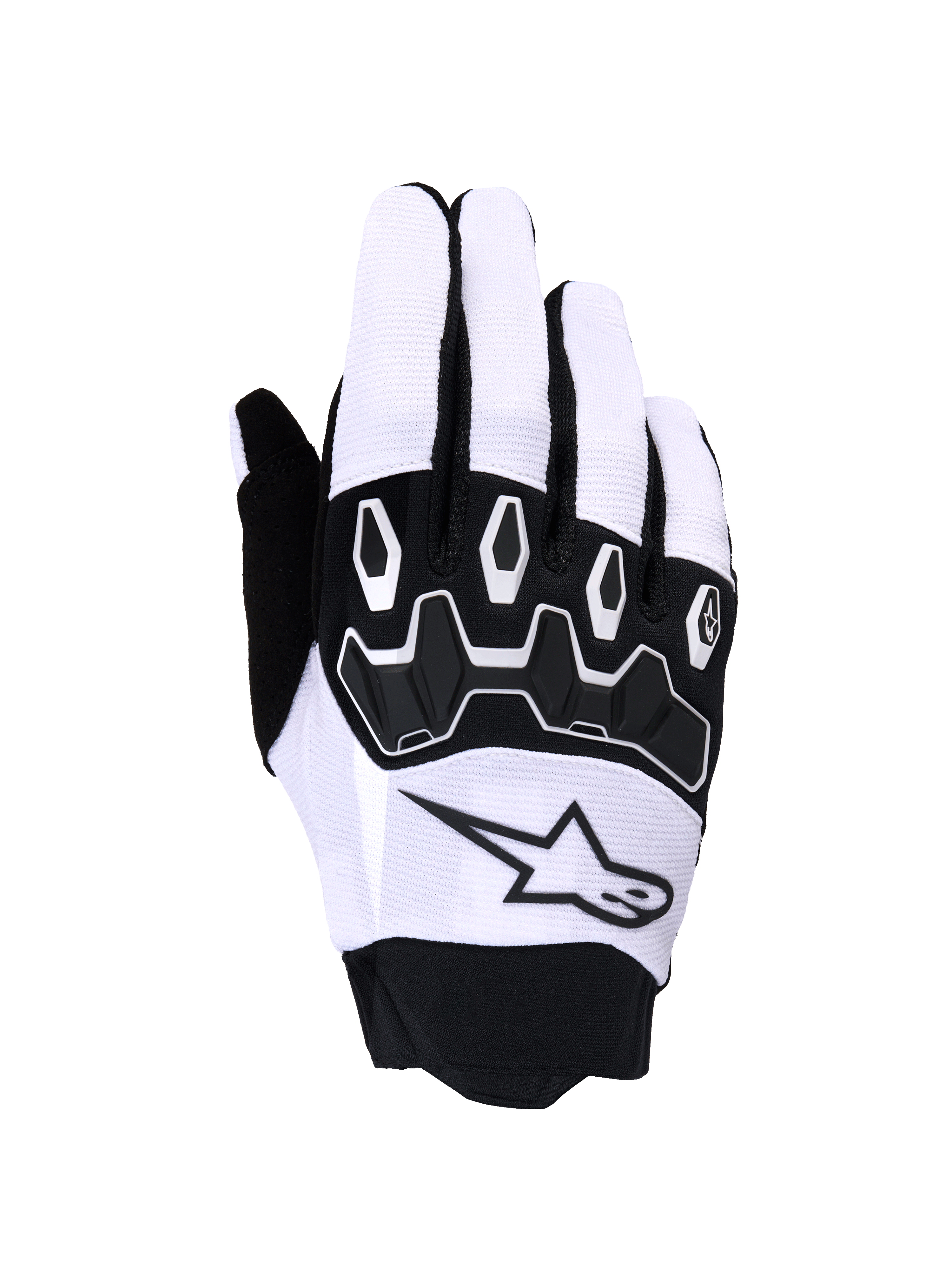 Alpinestars Full Bore V2 handsker, motocrosshandsker, lysegrå og sort, sort segmenteret TPR-knobeskyttelse, åndbar tekstiloverdel med stjernelogo, neoprenmanchet, designet til off-road kørsel