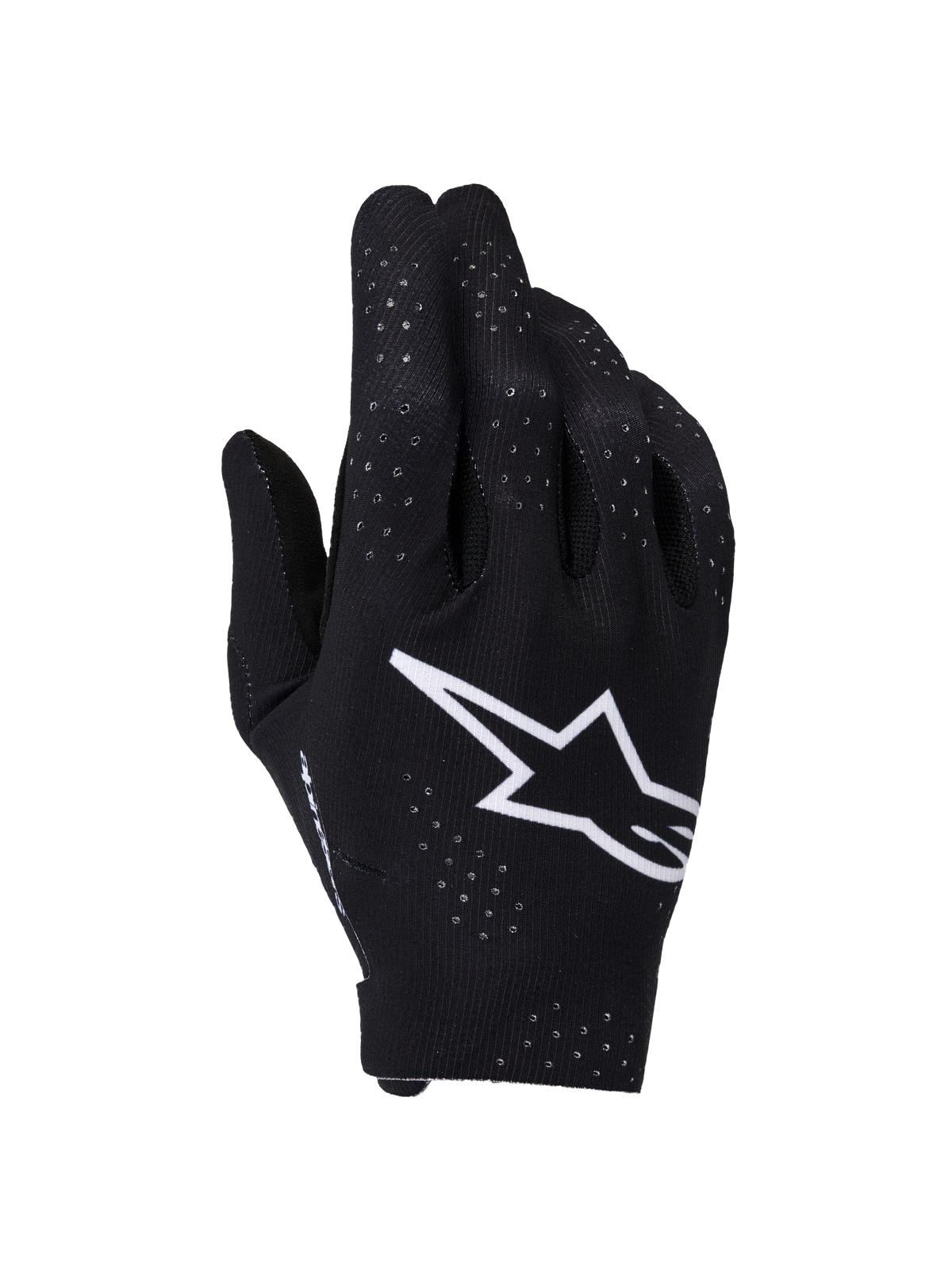 Alpinestars Supertech MX Gloves, Motocross Gloves, Black and White, backhand view featuring a large white Astars logo, laser-cut perforations for ventilation, and a seamless ergonomic design for off-road racing