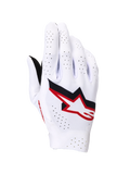 Alpinestars Supertech MX-handsker, motocrosshandsker, hvid med sorte og Fire Red-detaljer, set fra oversiden med et markant Astar-logo, omfattende laserperforeringer til ventilation, let sømløs strækkonstruktion til professionel racing