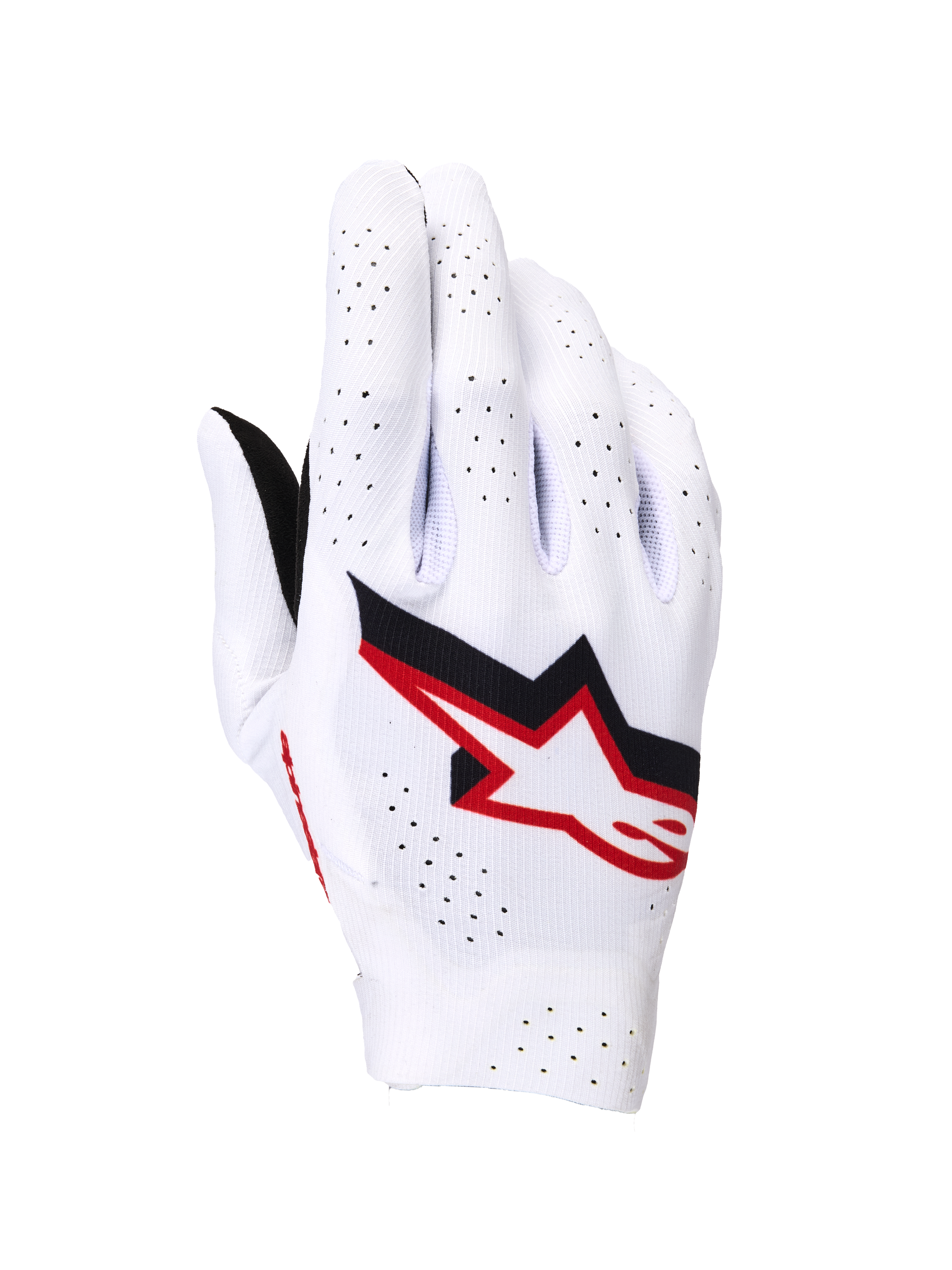 Alpinestars Supertech MX-handsker, motocrosshandsker, hvid med sorte og Fire Red-detaljer, set fra oversiden med et markant Astar-logo, omfattende laserperforeringer til ventilation, let sømløs strækkonstruktion til professionel racing