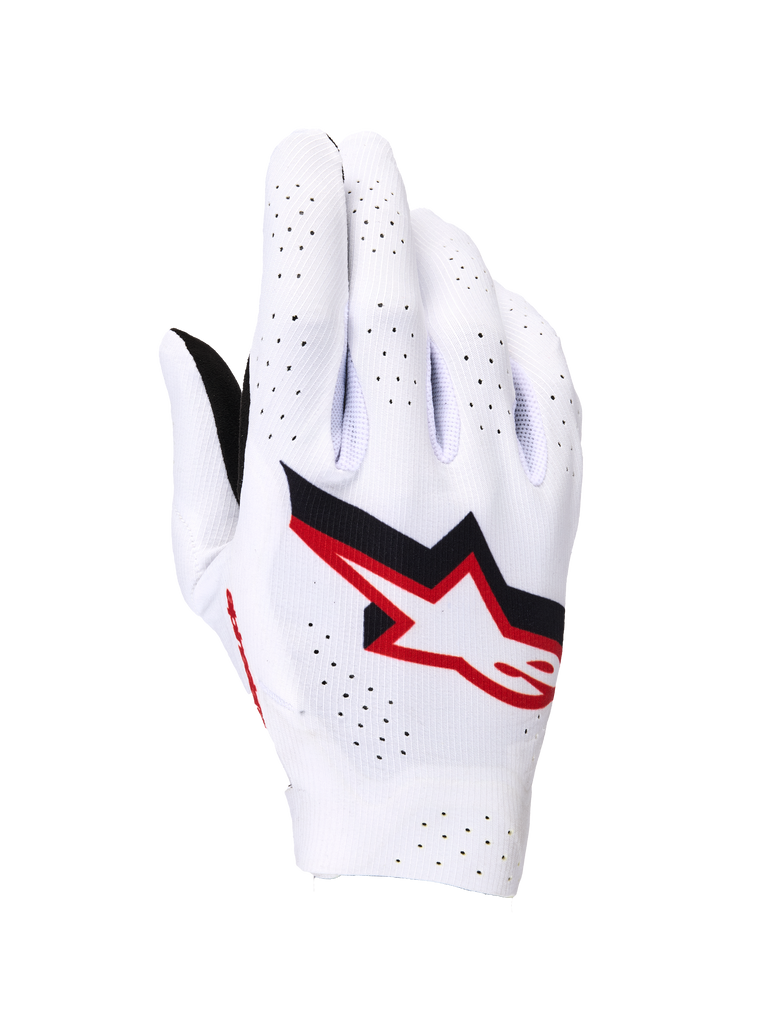 Alpinestars Supertech MX-handsker, motocrosshandsker, hvid med sorte og Fire Red-detaljer, set fra oversiden med et markant Astar-logo, omfattende laserperforeringer til ventilation, let sømløs strækkonstruktion til professionel racing