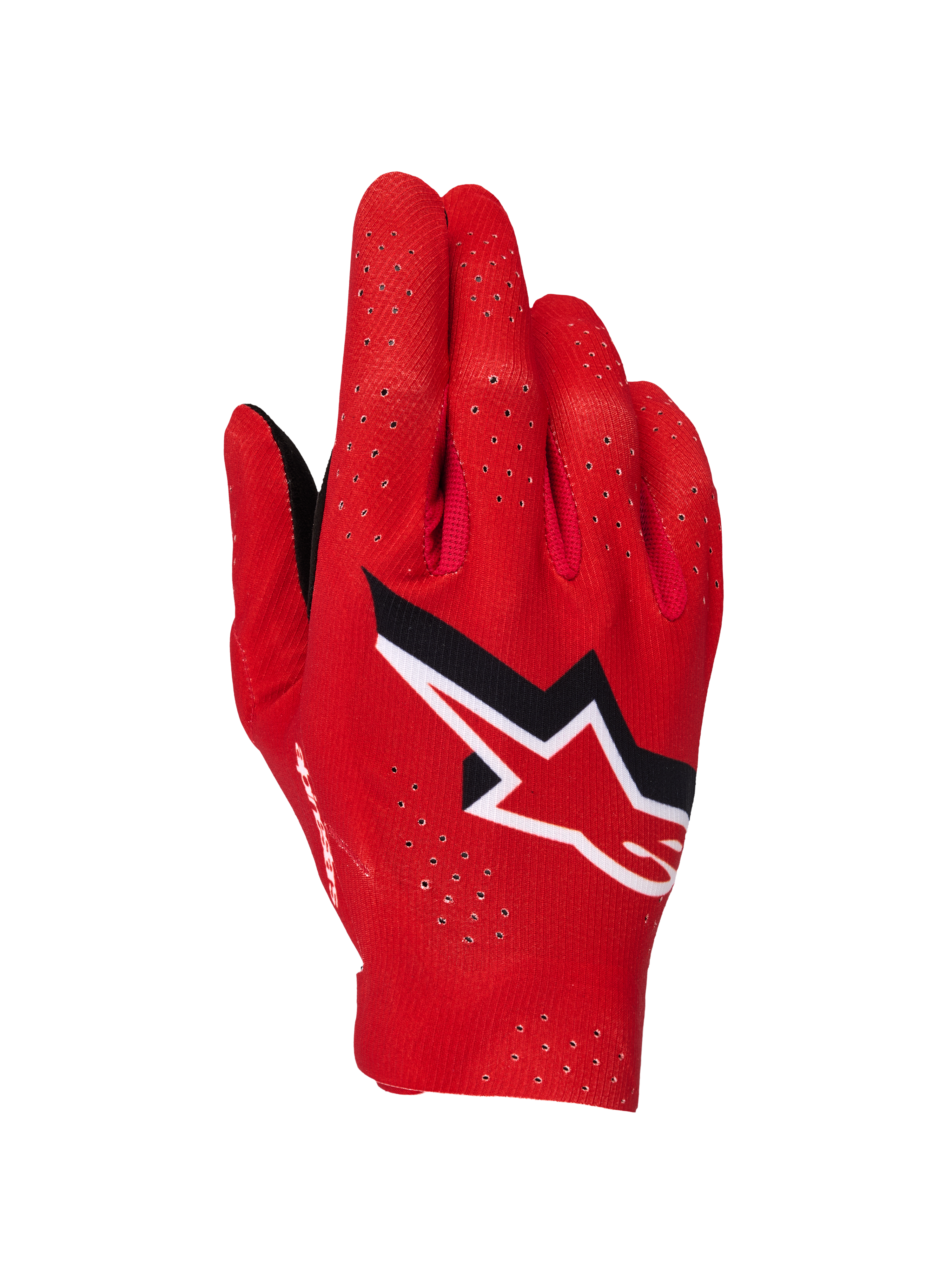 Alpinestars Supertech MX-handsker, motocross-handsker, Fire Red, sort og hvid, visning af håndryggen med laserperforeringer til ventilation, fremtrædende hvidt og sort Alpinestars-stjernelogo, letvægtsdesign i strækbart stof til off-road racing
