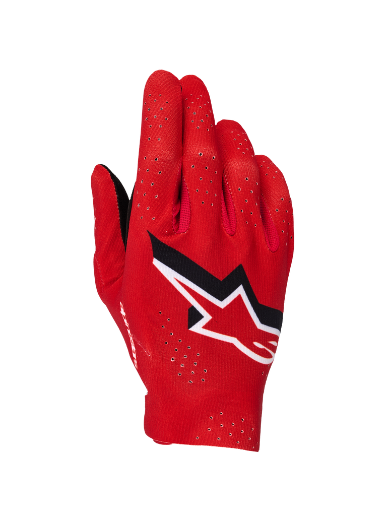 Alpinestars Supertech MX-handsker, motocross-handsker, Fire Red, sort og hvid, visning af håndryggen med laserperforeringer til ventilation, fremtrædende hvidt og sort Alpinestars-stjernelogo, letvægtsdesign i strækbart stof til off-road racing