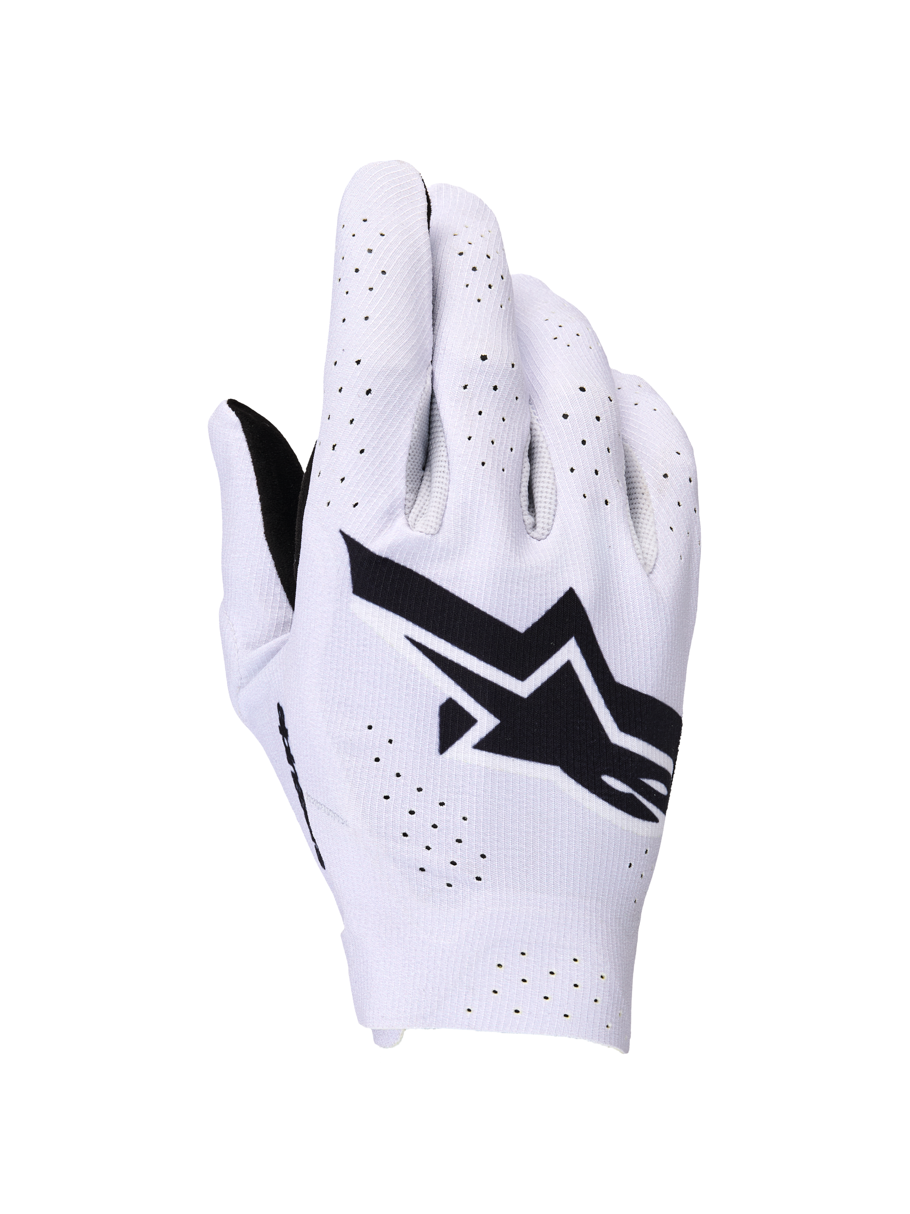 Alpinestars Supertech MX handsker, motocrosshandsker, lys lilla og sort, set fra oversiden med et stort sort Alpinestars-logo og laserudskårne perforeringer for luftgennemstrømning, letvægts etlags strækkonstruktion til off-road racing
