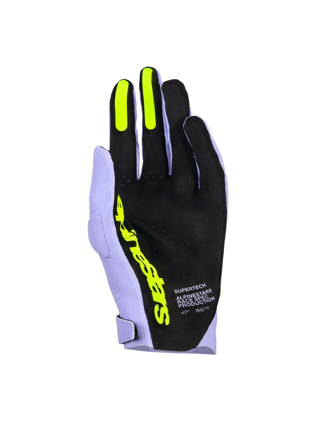Alpinestars Supertech MX-handsker, motocross-handsker, lavendel lilla og fluo-gul, set fra håndfladen med sort perforeret materiale, fluo-gule silikonegreb på pege- og langefinger, markant gul Alpinestars-branding og 'Race Spec Production'-tekst, højtydende off-road racerudstyr