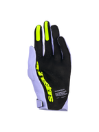 Alpinestars Supertech MX-handsker, motocross-handsker, lavendel lilla og fluo-gul, set fra håndfladen med sort perforeret materiale, fluo-gule silikonegreb på pege- og langefinger, markant gul Alpinestars-branding og 'Race Spec Production'-tekst, højtydende off-road racerudstyr
