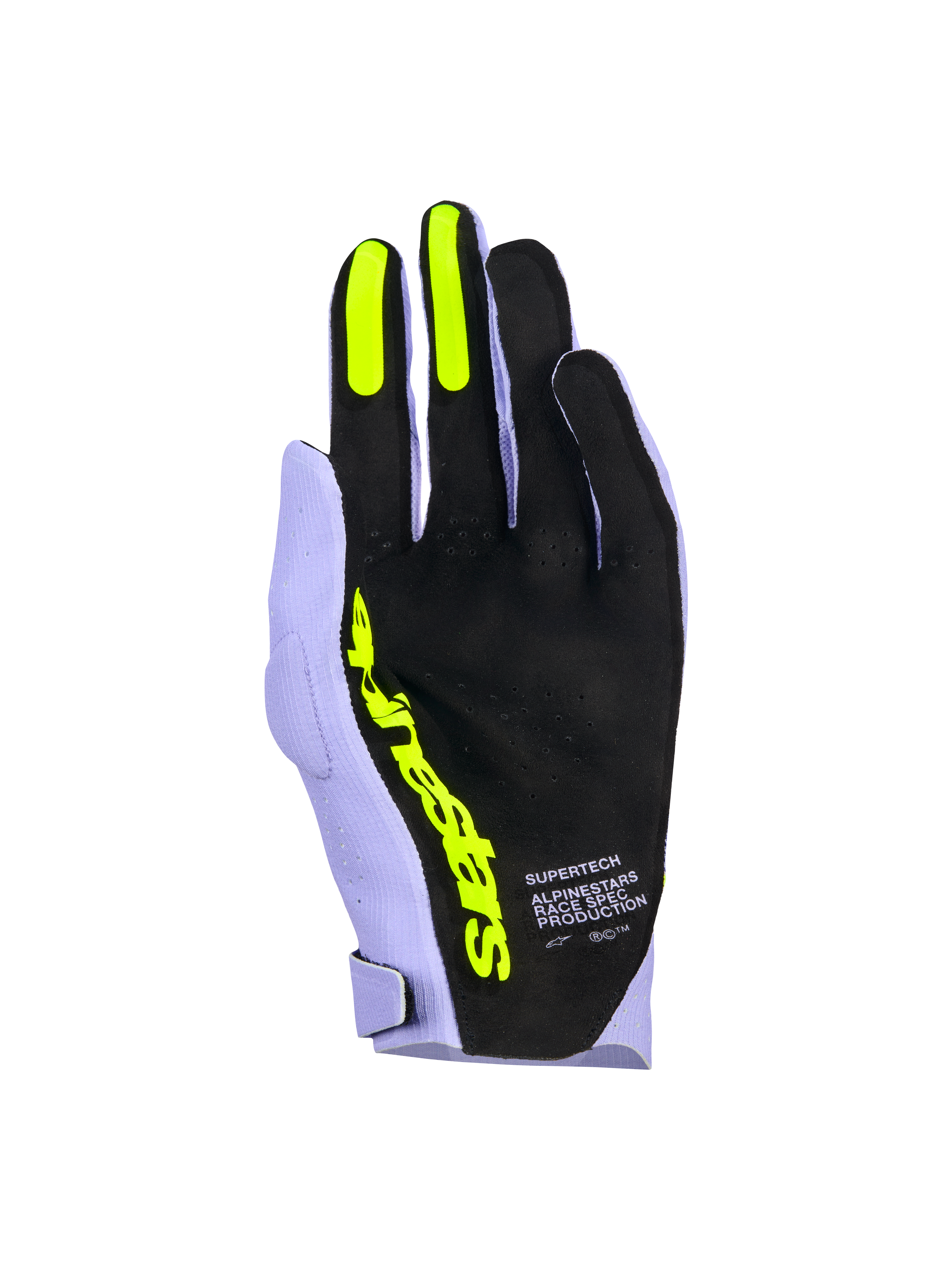 Alpinestars Supertech MX-handsker, motocross-handsker, lavendel lilla og fluo-gul, set fra håndfladen med sort perforeret materiale, fluo-gule silikonegreb på pege- og langefinger, markant gul Alpinestars-branding og 'Race Spec Production'-tekst, højtydende off-road racerudstyr