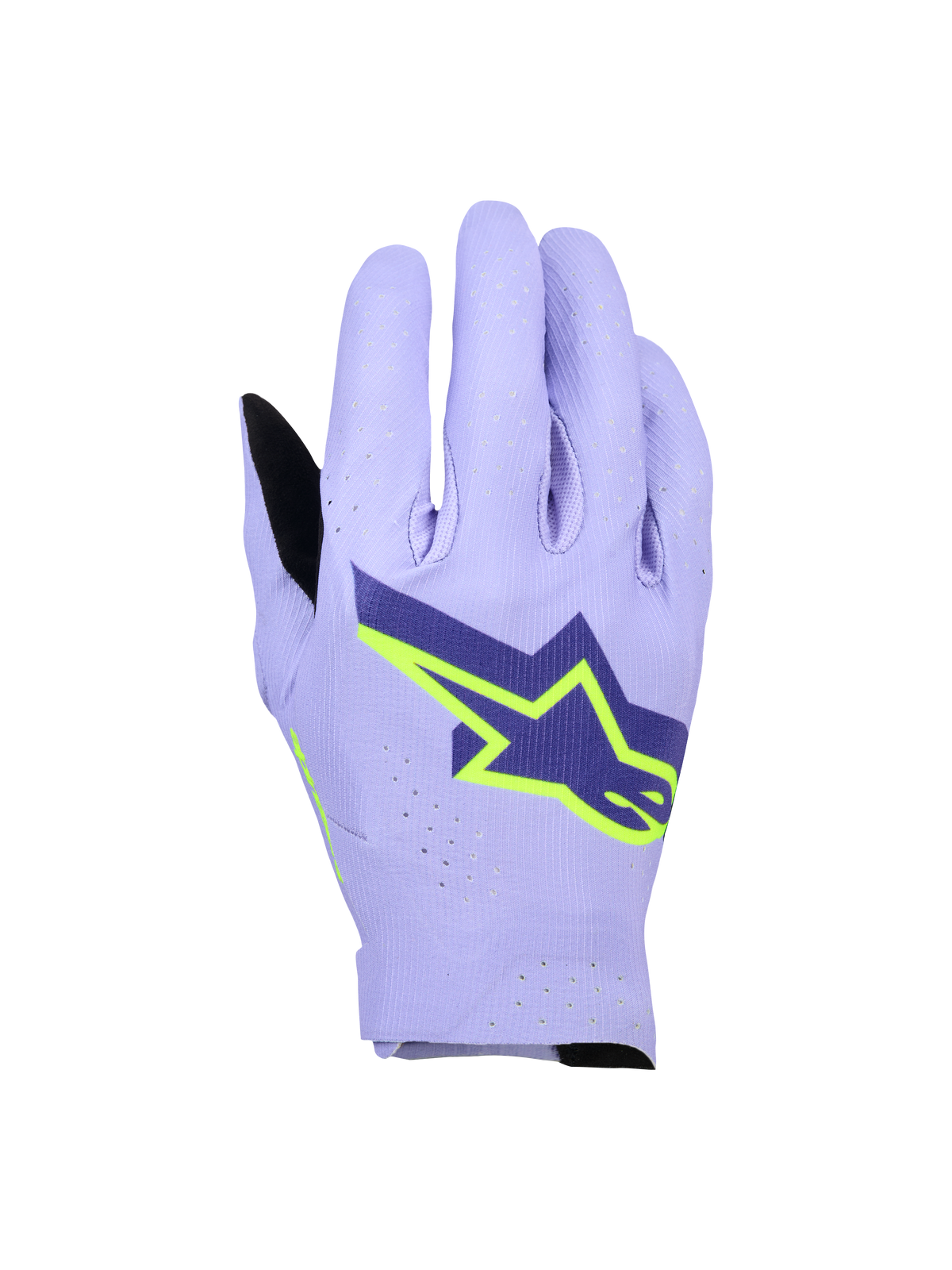 Alpinestars Supertech MX handsker, motocross-handsker, lavendellilla og neongul, med et stort mørkeblåt og neongult stjernelogo, laserperforeret baghånd for åndbarhed, letvægts enkeltlags strækdesign til off-road racing.