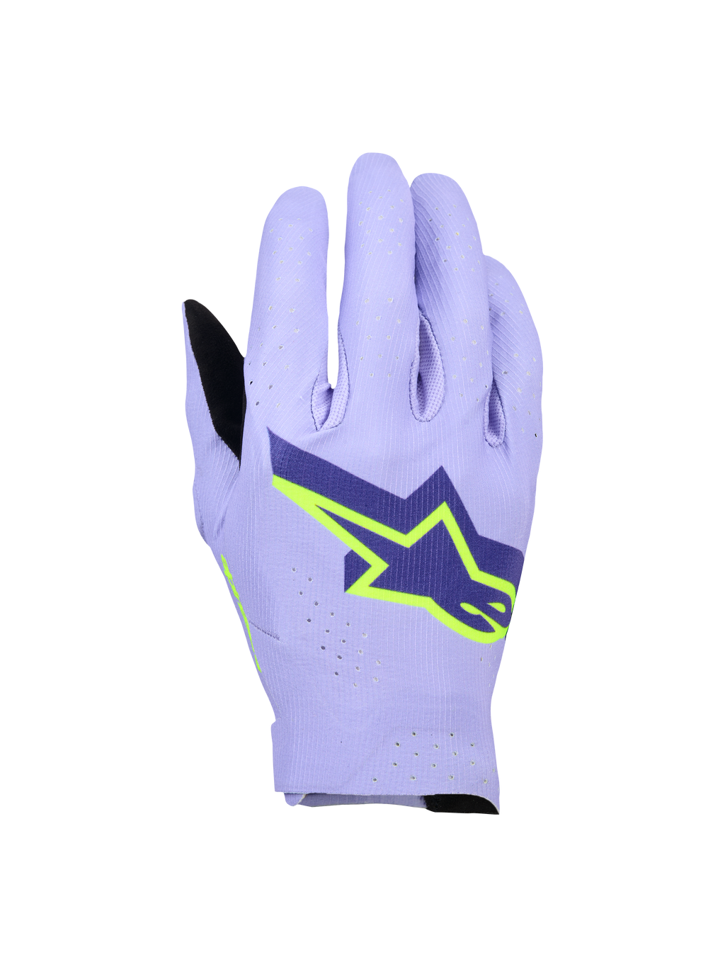 Alpinestars Supertech MX handsker, motocross-handsker, lavendellilla og neongul, med et stort mørkeblåt og neongult stjernelogo, laserperforeret baghånd for åndbarhed, letvægts enkeltlags strækdesign til off-road racing.