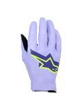Alpinestars Supertech MX handsker, motocross-handsker, lavendellilla og neongul, med et stort mørkeblåt og neongult stjernelogo, laserperforeret baghånd for åndbarhed, letvægts enkeltlags strækdesign til off-road racing.