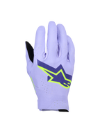 Alpinestars Supertech MX handsker, motocross-handsker, lavendellilla og neongul, med et stort mørkeblåt og neongult stjernelogo, laserperforeret baghånd for åndbarhed, letvægts enkeltlags strækdesign til off-road racing.