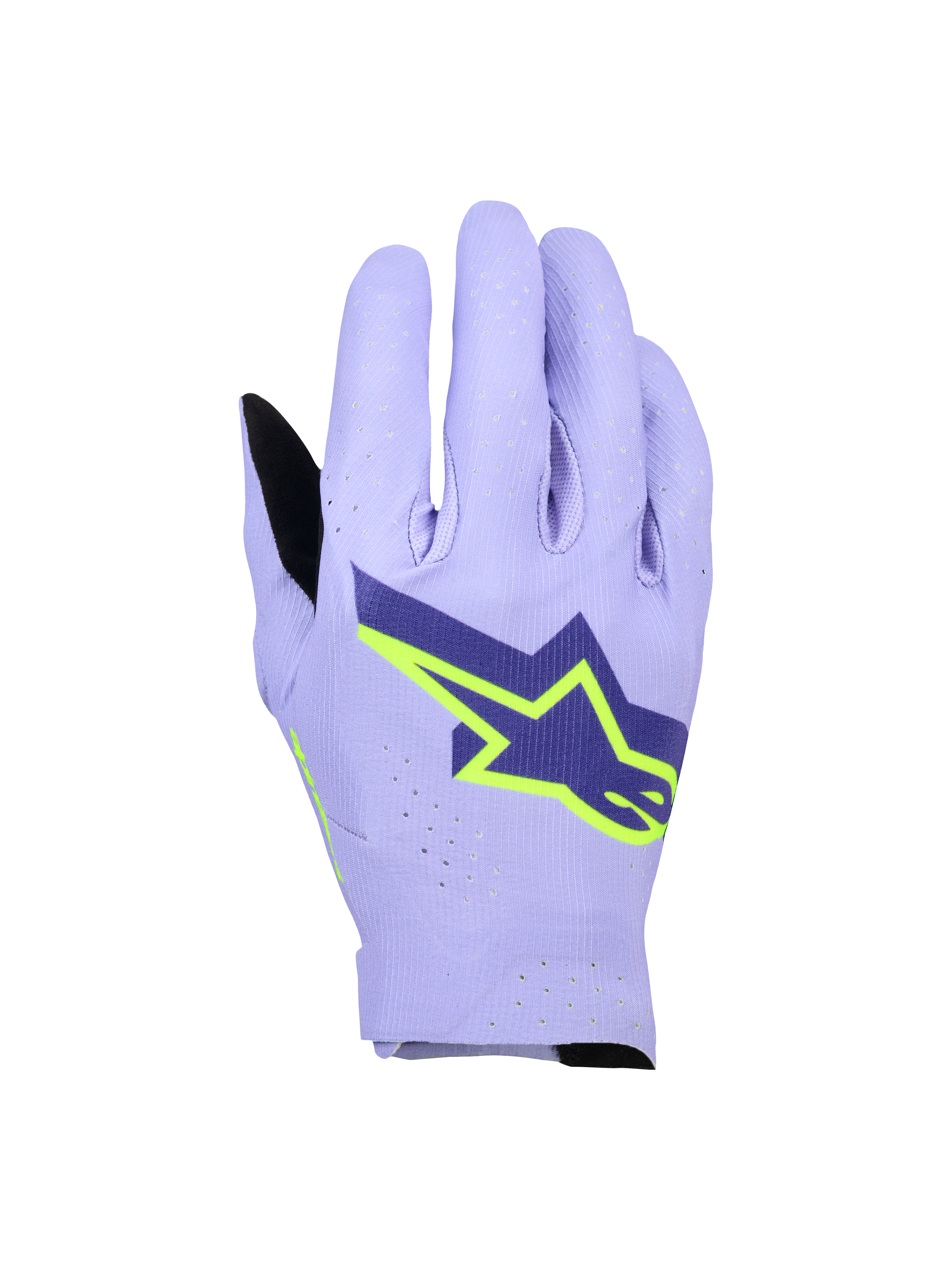 Alpinestars Supertech MX handsker, motocross-handsker, lavendellilla og neongul, med et stort mørkeblåt og neongult stjernelogo, laserperforeret baghånd for åndbarhed, letvægts enkeltlags strækdesign til off-road racing.