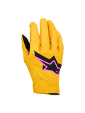Alpinestars Supertech MX Gloves, Motocross Racing Gloves, Gold, Black and Fluo Pink, featuring laser-perforated single-layer stretch construction, black star logo with pink border, breathable and flexible design for off-road racing