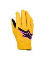 Alpinestars Supertech MX Gloves, Motocross Racing Gloves, Gold, Black and Fluo Pink, featuring laser-perforated single-layer stretch construction, black star logo with pink border, breathable and flexible design for off-road racing