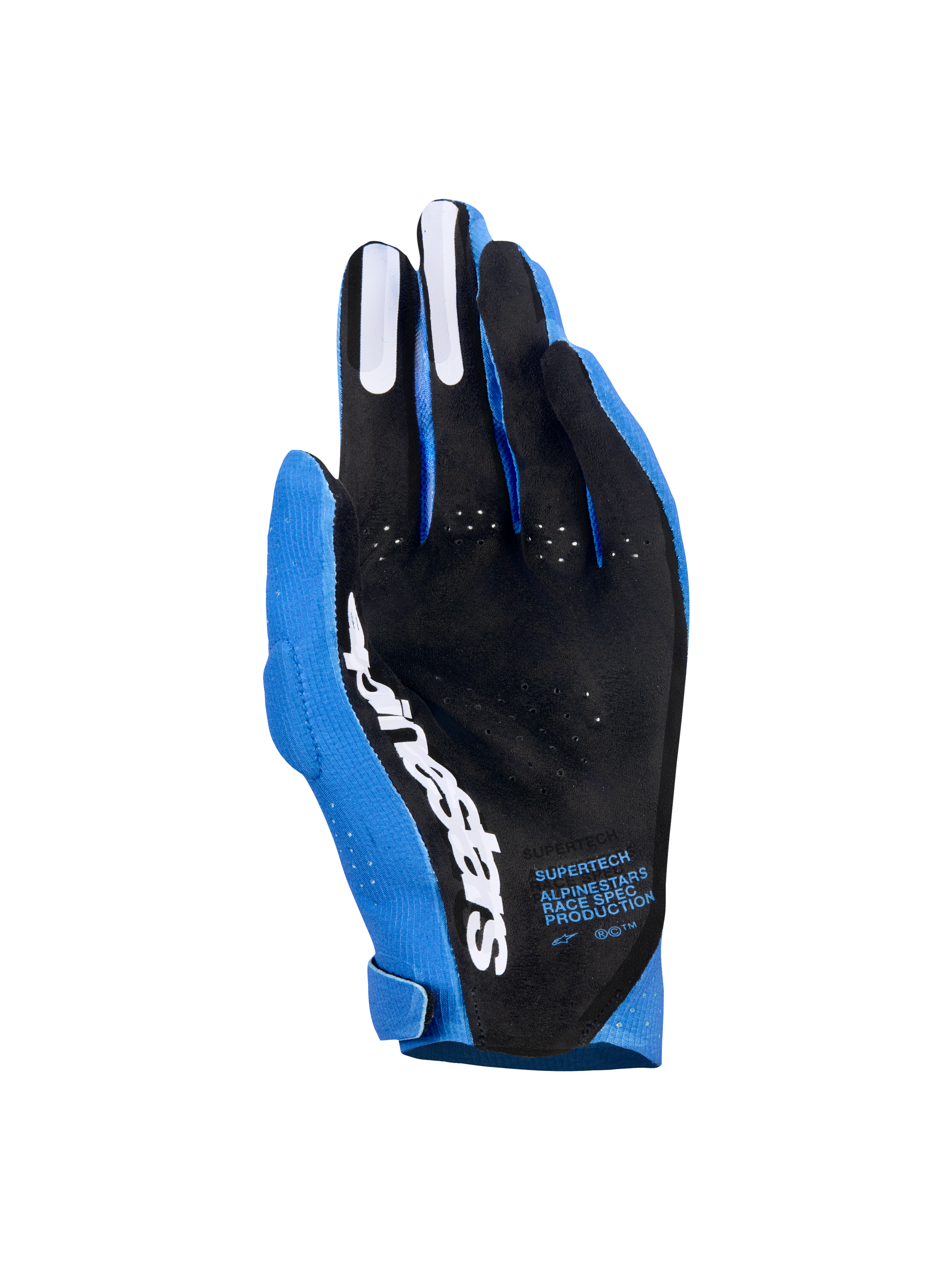 Alpinestars Supertech MX handsker, motocrosshandsker, Ucla Blue og Deep Blue med hvide detaljer, håndfladevisning der viser sort perforeret materiale, hvidt Alpinestars-logo, silikone-fingergreb og teknisk tekst, professionelt off-road racingudstyr