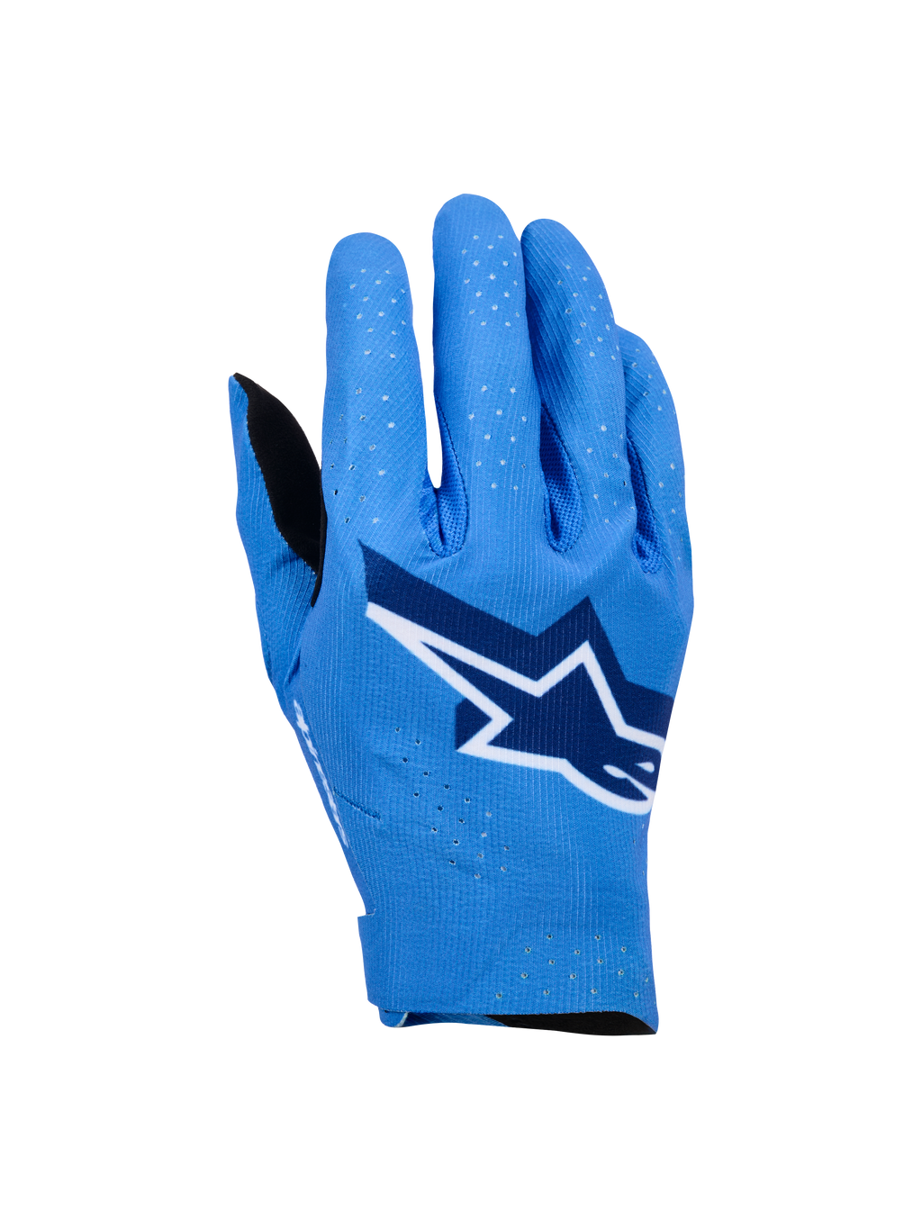 Alpinestars Supertech MX-handsker, motocross racing-handsker, Ucla Blue med mørkeblå og hvide detaljer, stort stjerne-logo på baghånden, laserperforeringer for åndbarhed, sømløst ergonomisk design til off-road kørsel