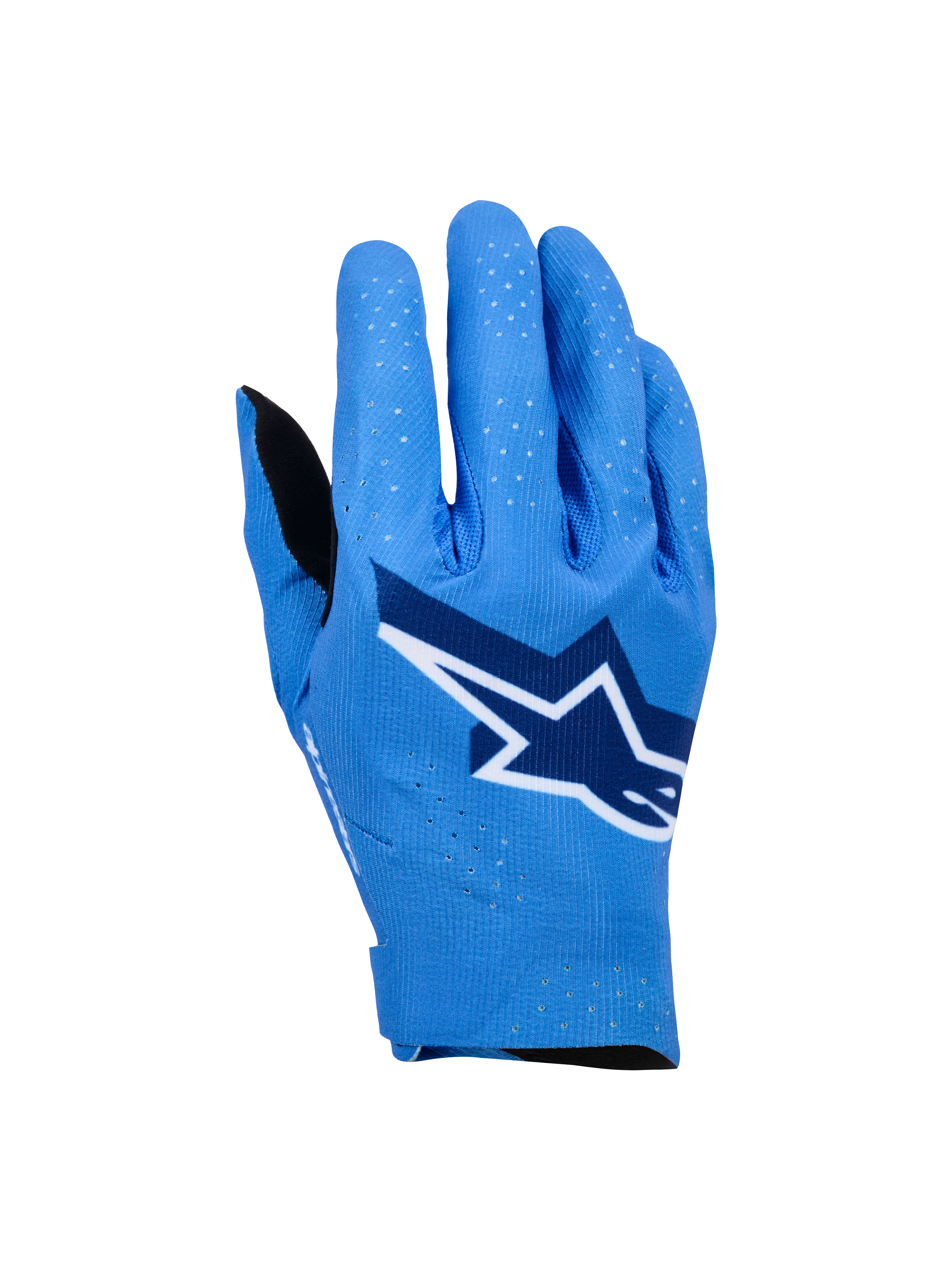 Alpinestars Supertech MX-handsker, motocross racing-handsker, Ucla Blue med mørkeblå og hvide detaljer, stort stjerne-logo på baghånden, laserperforeringer for åndbarhed, sømløst ergonomisk design til off-road kørsel