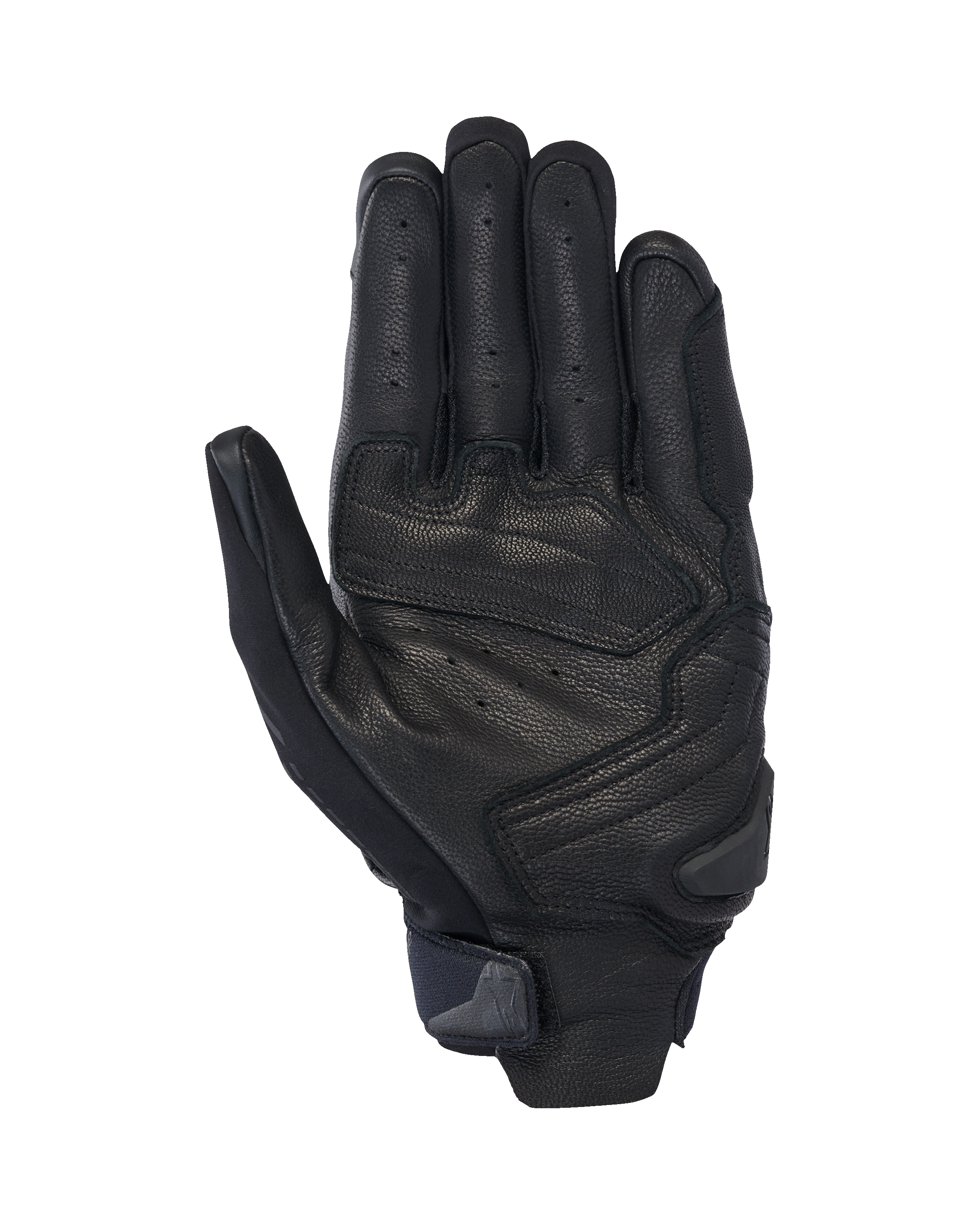 Alpinestars SP X 7 handsker, korte motorcykelhandsker, sort, set fra håndfladen med perforeret læder til ventilation, forstærkede håndflade-overlejringer med en slider og kompakt håndledsstrop med integreret trækstrop