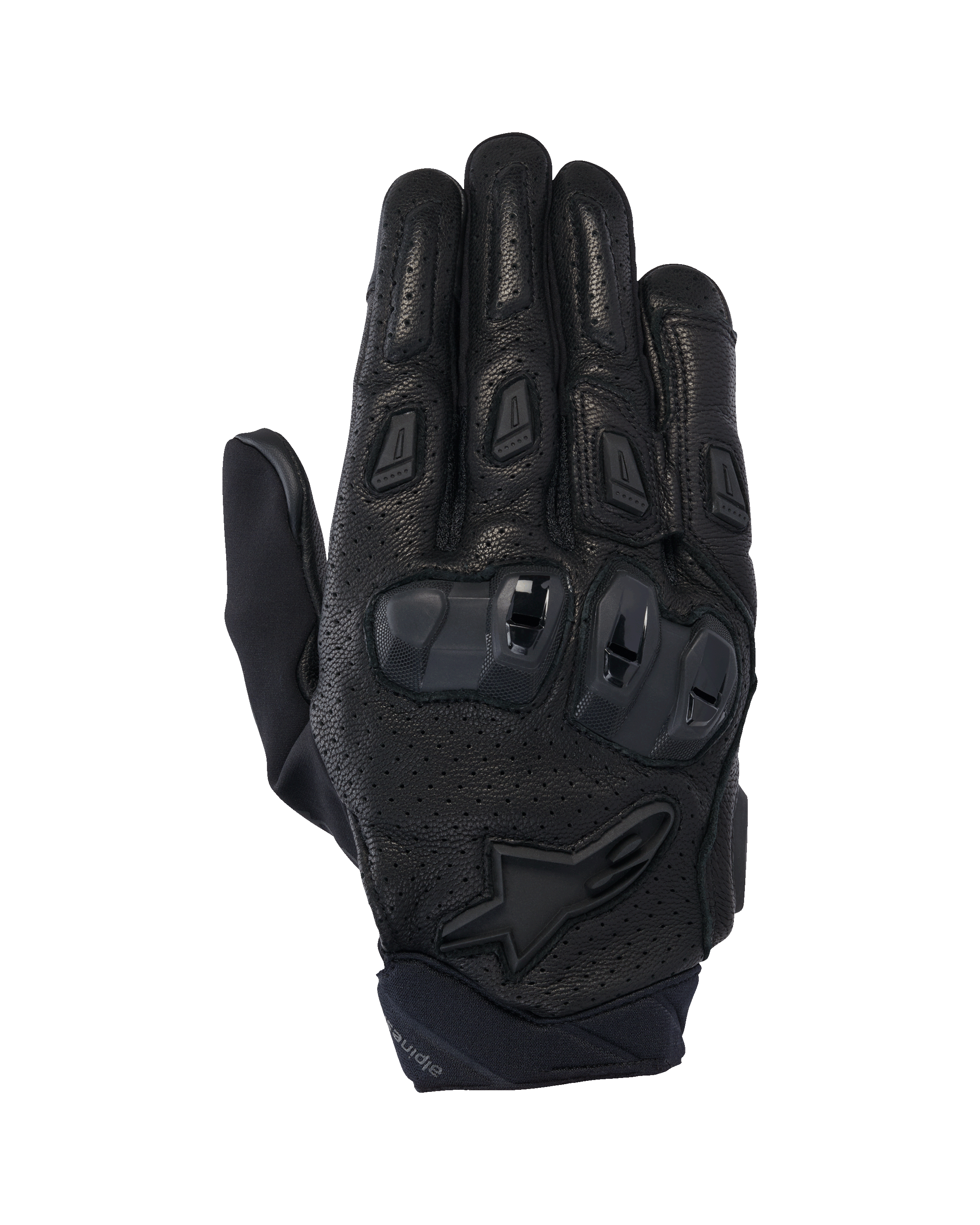 Alpinestars SP X 7 handsker, korte motorcykelhandsker til vejbrug, sort, perforeret læder for luftgennemstrømning, TPU-knobeskyttelse med dobbelt densitet, Alpinestars stjernelogo på håndleddet og ergonomiske fingerslidere