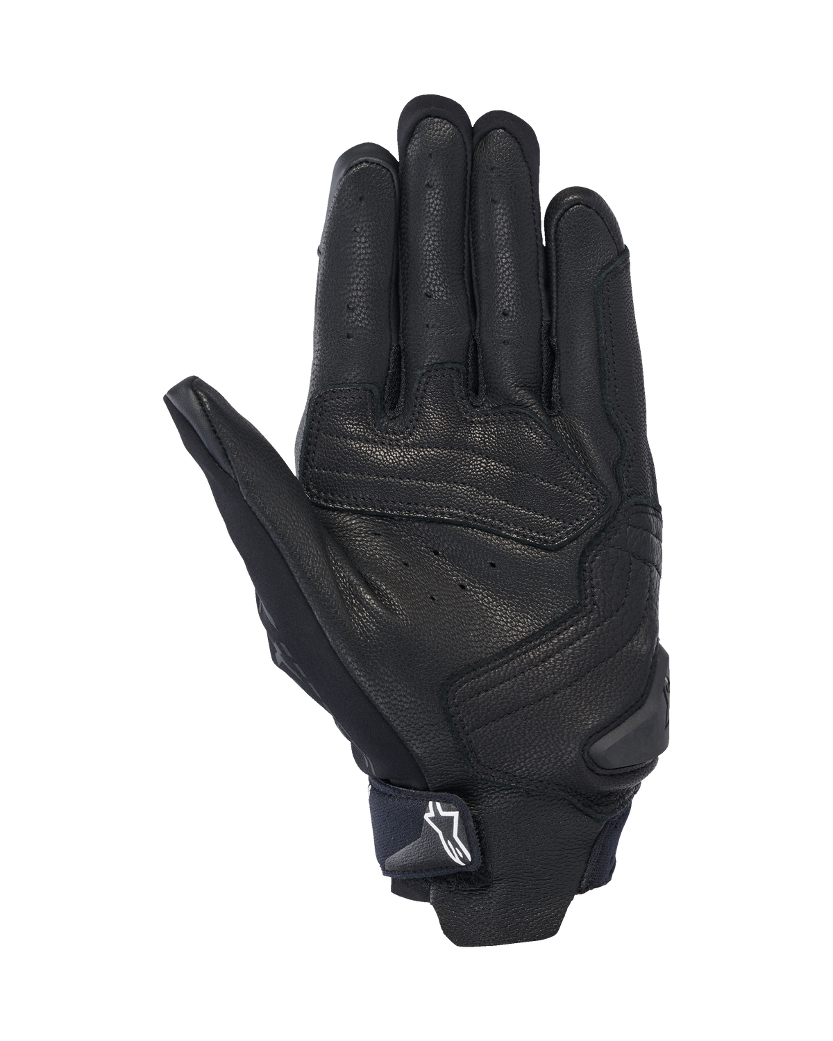 Alpinestars SP X 7 handsker, håndfladevisning, sort, korte motorcykel-sportshandsker med perforeret læderkonstruktion, forstærkede overlejringer i håndfladen og en TPR-slider med et hvidt Astars-logo på håndledsremmen