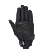Alpinestars SP X 7 handsker, håndfladevisning, sort, korte motorcykel-sportshandsker med perforeret læderkonstruktion, forstærkede overlejringer i håndfladen og en TPR-slider med et hvidt Astars-logo på håndledsremmen