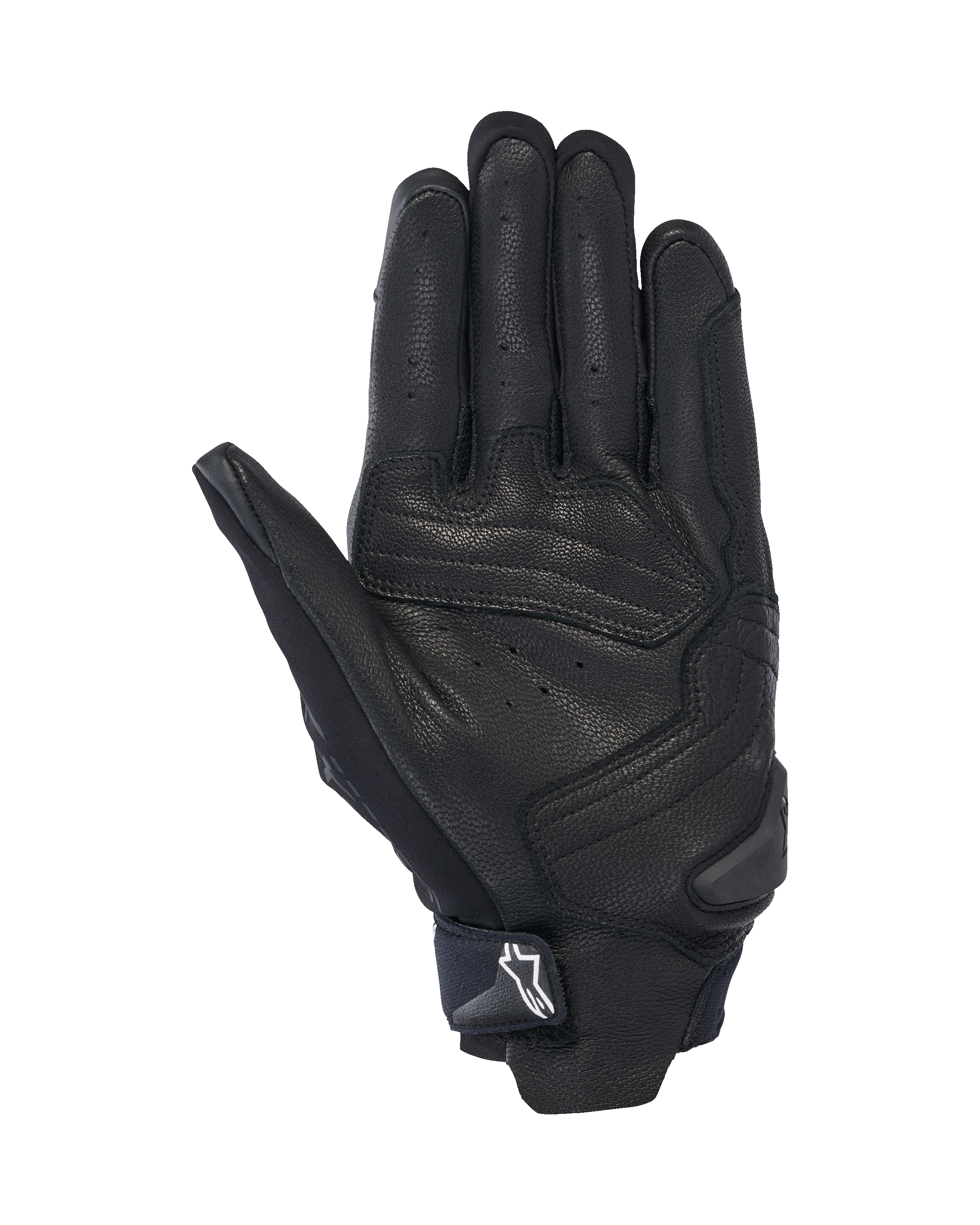 Alpinestars SP X 7 handsker, håndfladevisning, sort, korte motorcykel-sportshandsker med perforeret læderkonstruktion, forstærkede overlejringer i håndfladen og en TPR-slider med et hvidt Astars-logo på håndledsremmen