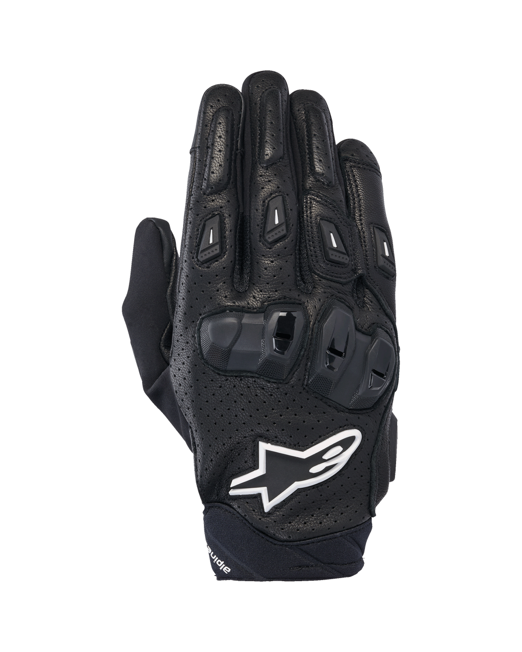 Alpinestars SP X 7 handsker, korte sportsmotorcykelhandsker, sort og hvid, med perforeret læderkonstruktion, dobbelt-densitet TPU-knobeskyttelse og hvidt Alpinestars stjernelogo, designet til performance-kørsel på vej