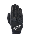 Alpinestars SP X 7 handsker, korte sportsmotorcykelhandsker, sort og hvid, med perforeret læderkonstruktion, dobbelt-densitet TPU-knobeskyttelse og hvidt Alpinestars stjernelogo, designet til performance-kørsel på vej