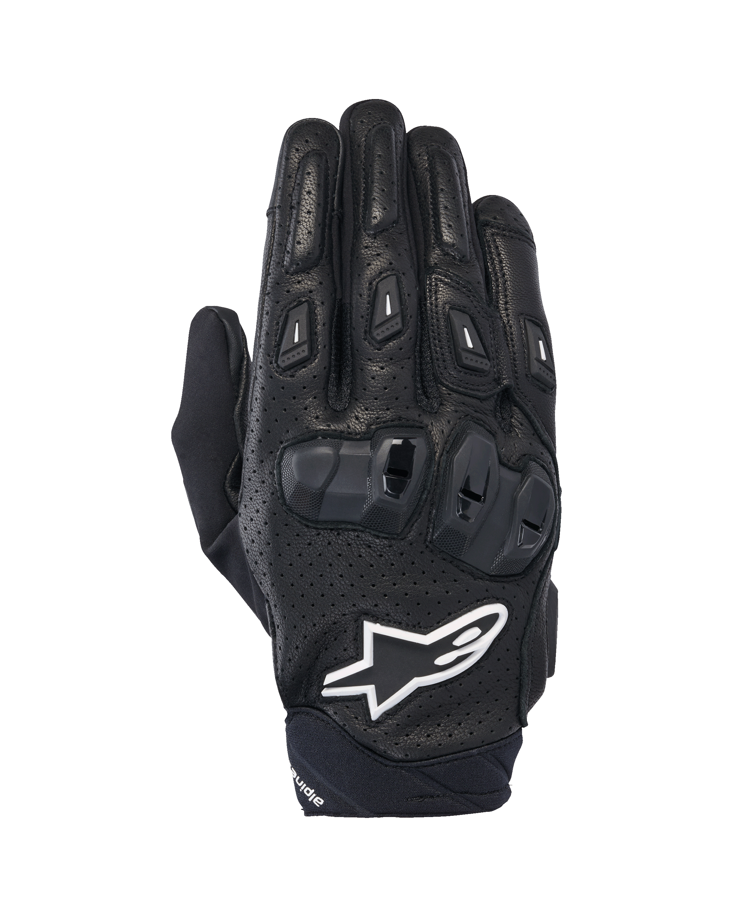 Alpinestars SP X 7 handsker, korte sportsmotorcykelhandsker, sort og hvid, med perforeret læderkonstruktion, dobbelt-densitet TPU-knobeskyttelse og hvidt Alpinestars stjernelogo, designet til performance-kørsel på vej