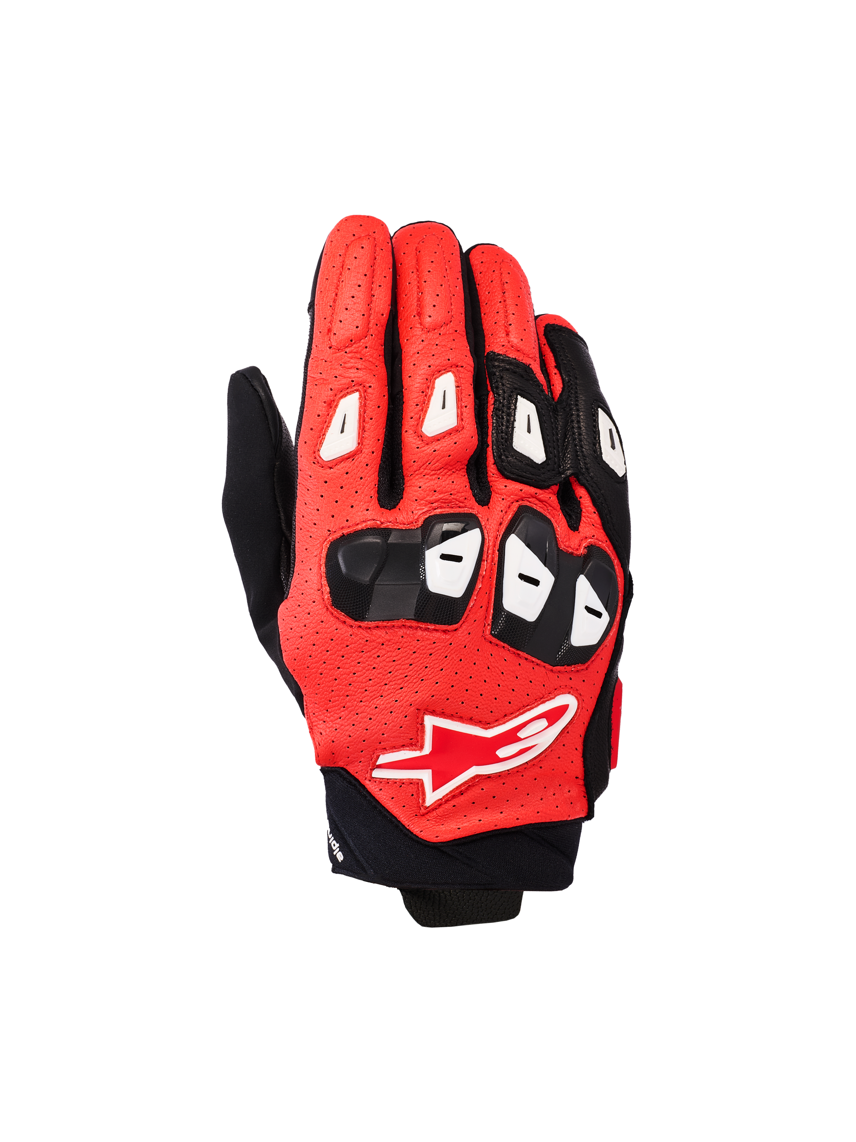 Alpinestars SP X 7 handsker, kortskaftede motorcykelhandsker til racing, sort, klar rød og hvid, perforeret læderkonstruktion, TPU-knobeskyttelse og fingerbeskyttelse, Alpinestars-stjernelogo på håndryggen