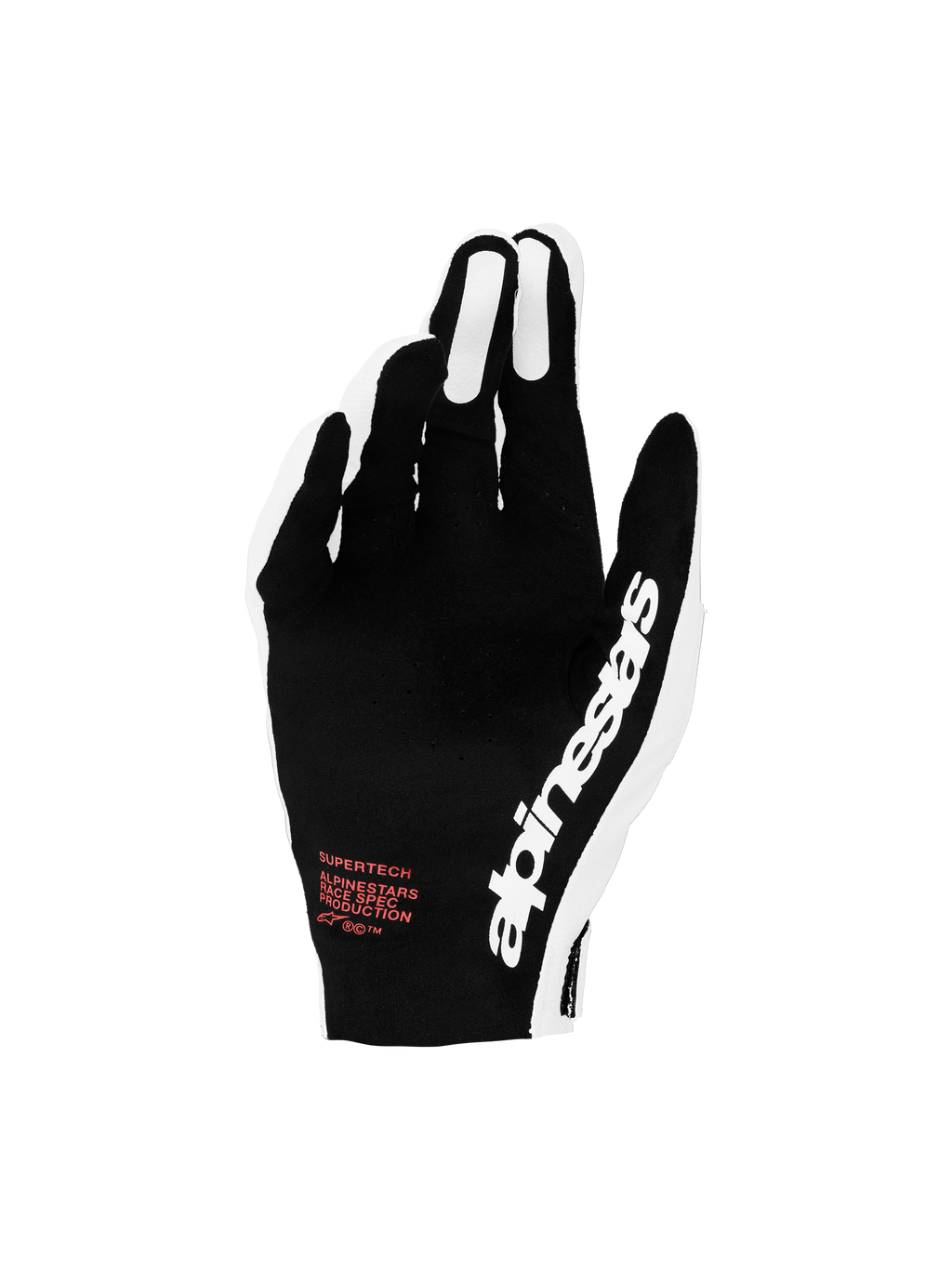 Alpinestars Supertech MX handsker, motocrosshandsker til racing, sort og hvid med røde detaljer og perforeret overside