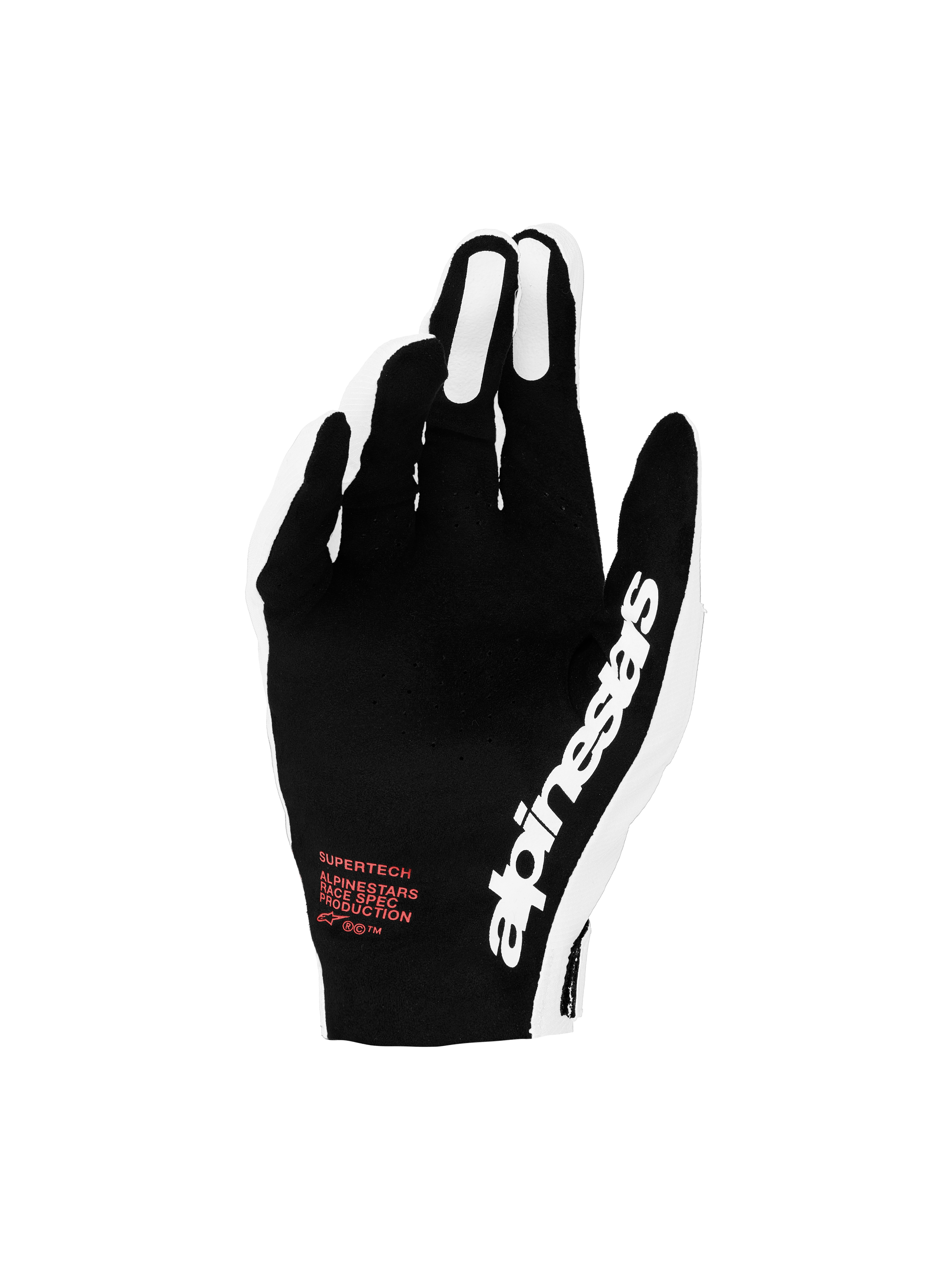 Alpinestars Supertech MX handsker, motocrosshandsker til racing, sort og hvid med røde detaljer og perforeret overside