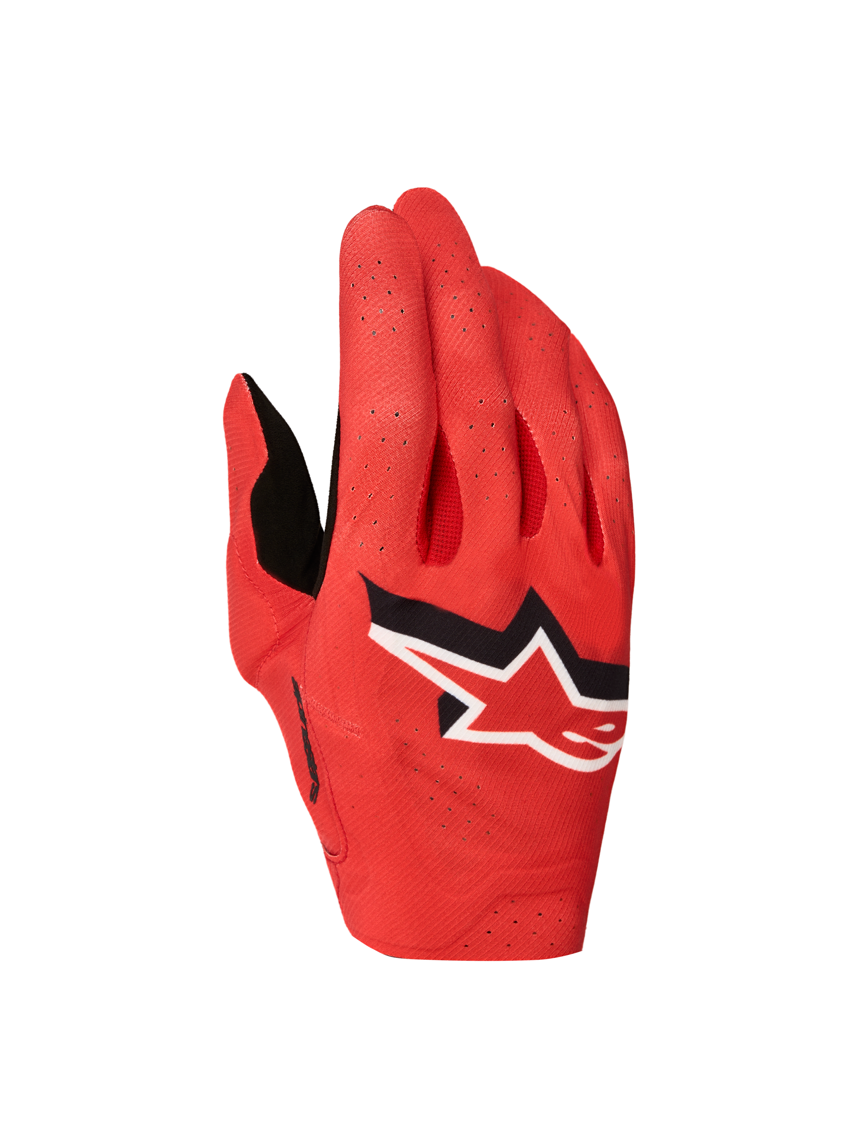 Alpinestars 2027 Supertech MX handsker, røde motocrosshandsker til racing med sort og hvidt stjerne-logo og laserperforeringer.