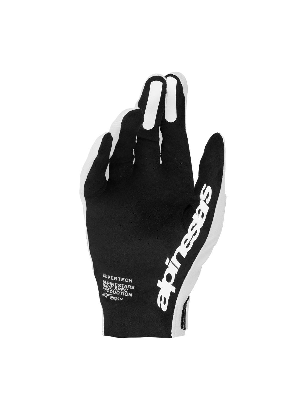 Alpinestars Supertech MX handsker, sorte og hvide motocrosshandsker med perforeret håndflade til præcis racingkontrol