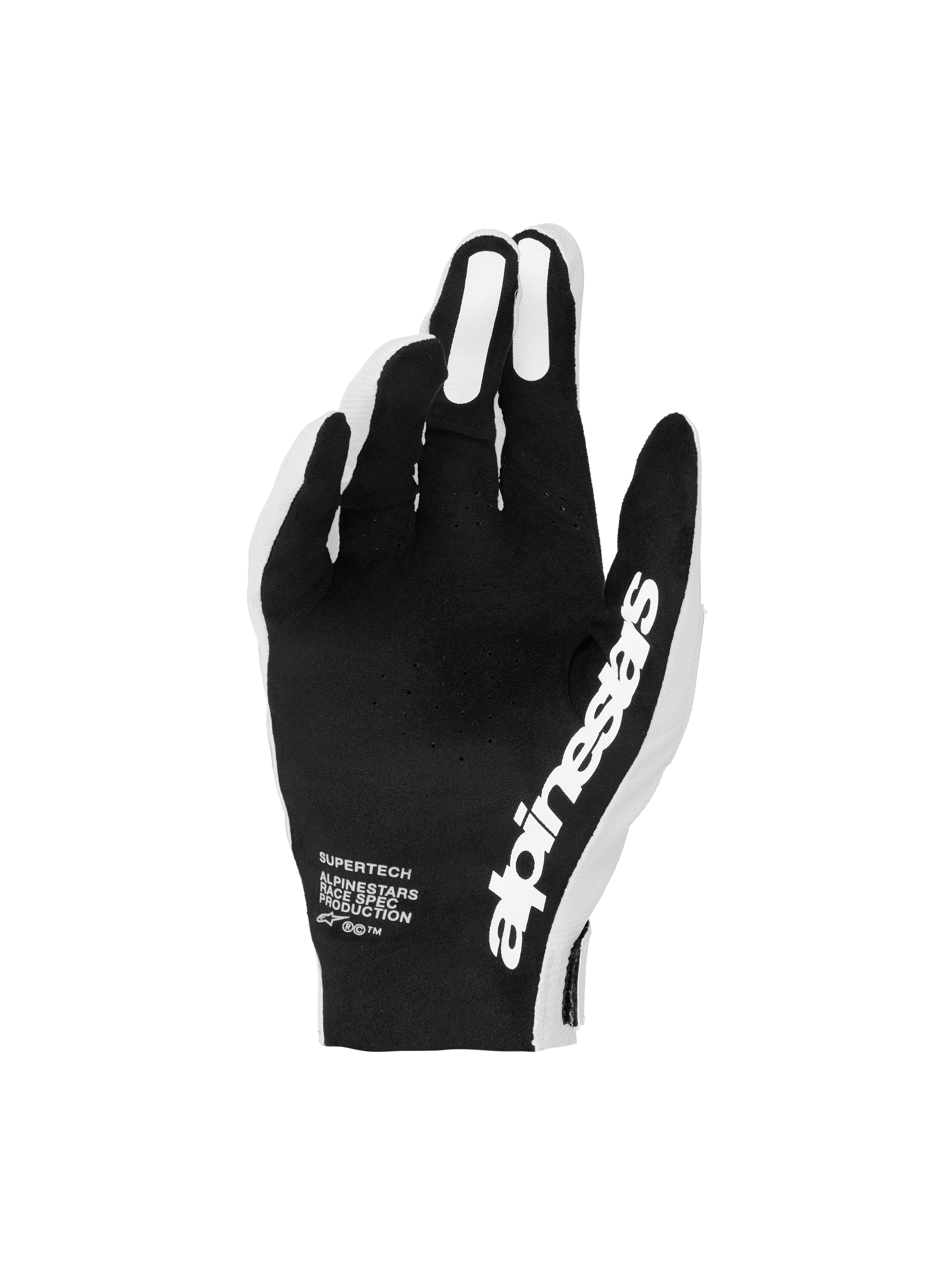 Alpinestars Supertech MX handsker, sorte og hvide motocrosshandsker med perforeret håndflade til præcis racingkontrol