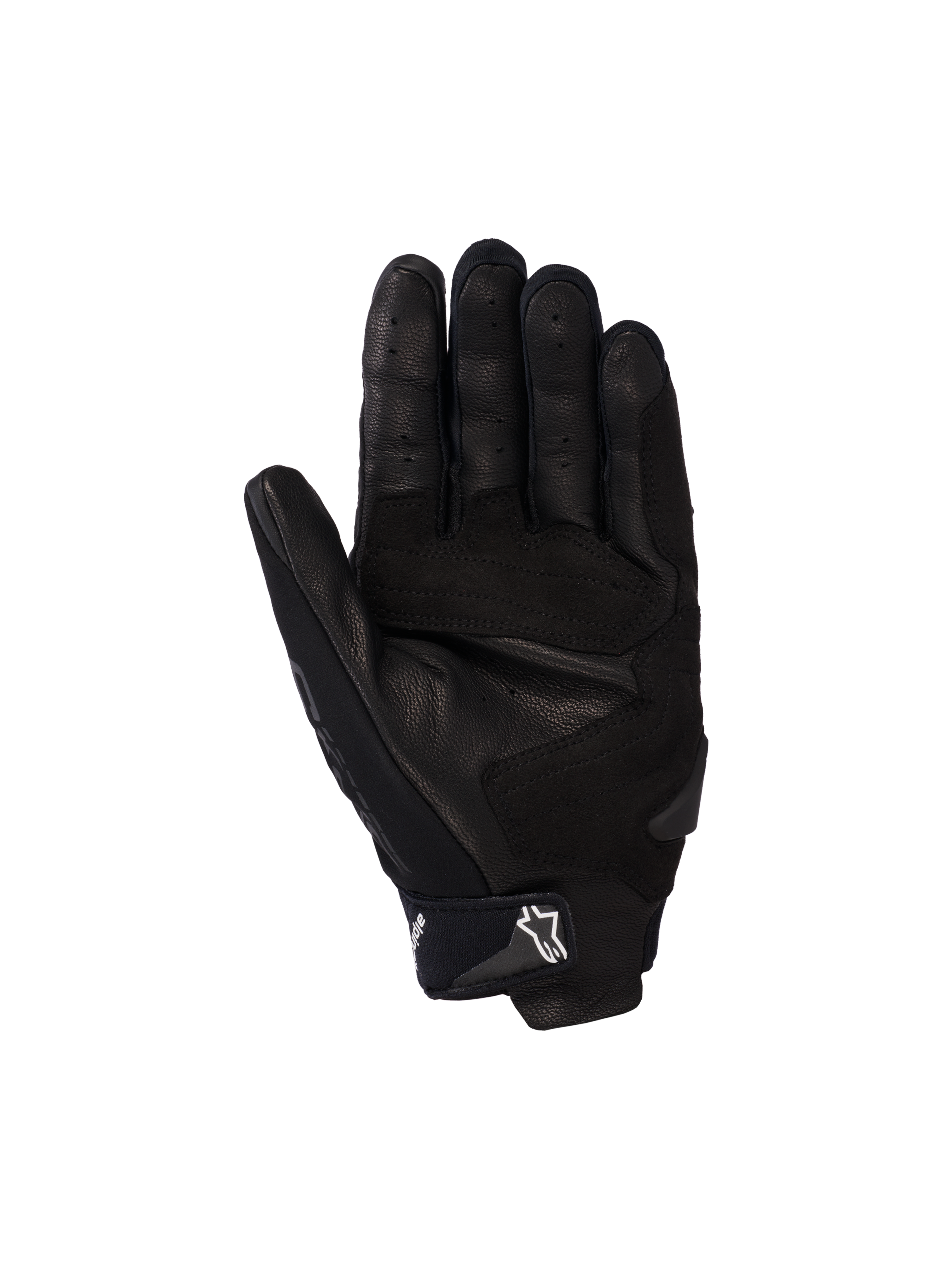 Alpinestars SP X 5 Air handsker, motorcykelhandsker, sort, håndfladevisning med perforeret læder, forstærkede håndfladeglidere og justerbar håndledsrem med hvidt stjernelogo, sporty beskyttelsesudstyr