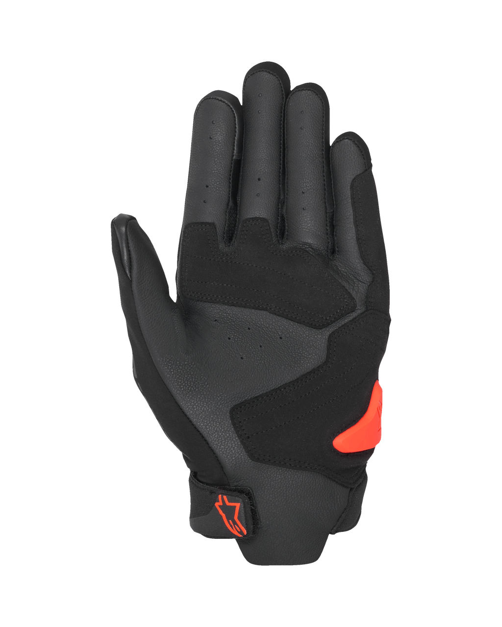 Alpinestars SP X 5 Air-handsker, set fra håndfladen, sort og rød fluo, perforeret læderhåndflade med forstærkede paneler, lys rød TPR-håndfladeslider, rødt Alpinestars-logo på håndledslukningen, sportsmotorcykelhandsker