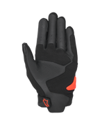 Alpinestars SP X 5 Air-handsker, set fra håndfladen, sort og rød fluo, perforeret læderhåndflade med forstærkede paneler, lys rød TPR-håndfladeslider, rødt Alpinestars-logo på håndledslukningen, sportsmotorcykelhandsker