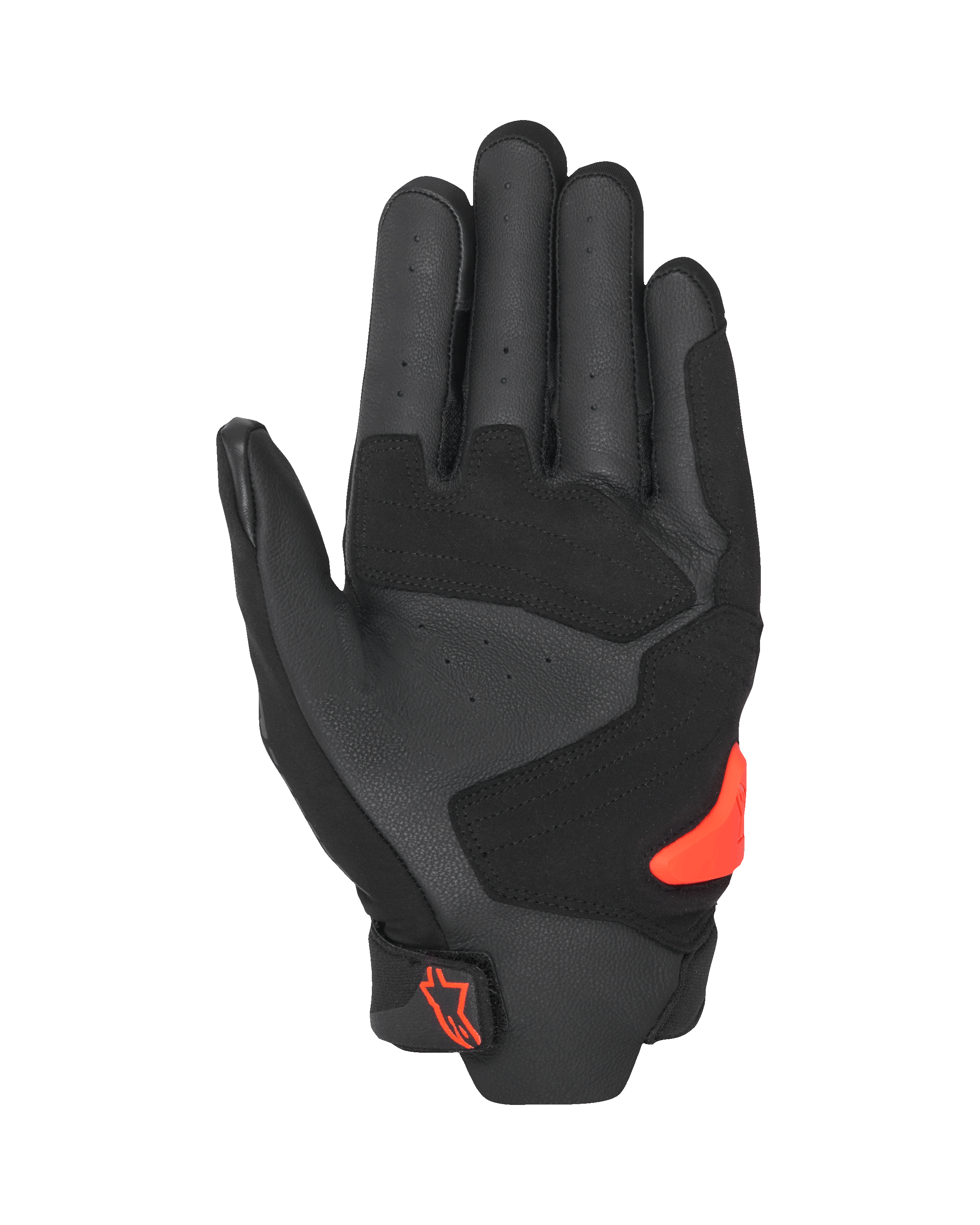 Alpinestars SP X 5 Air-handsker, set fra håndfladen, sort og rød fluo, perforeret læderhåndflade med forstærkede paneler, lys rød TPR-håndfladeslider, rødt Alpinestars-logo på håndledslukningen, sportsmotorcykelhandsker