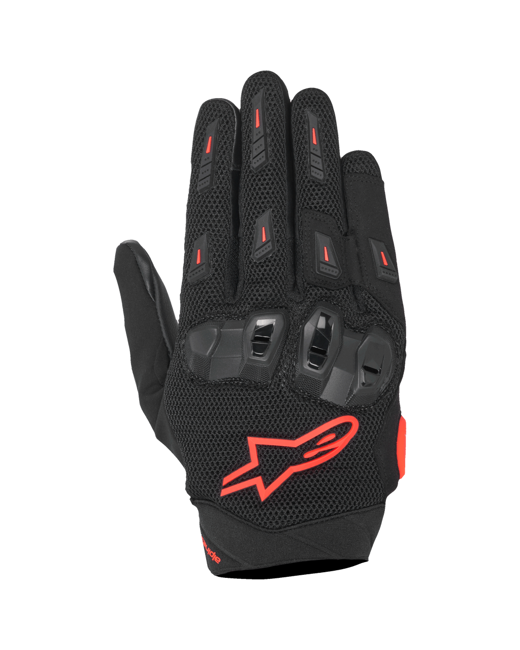 Alpinestars SP X 5 Air handsker, sports-motorcykelhandsker, sort og fluorød, med overhånd i strækbart 3D-mesh, TPU dobbelt-densitets knobeskyttelse, rødt Alpinestars-stjernelogo, åndbart perforeret design til sommer sportskørsel