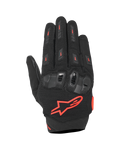 Alpinestars SP X 5 Air handsker, sports-motorcykelhandsker, sort og fluorød, med overhånd i strækbart 3D-mesh, TPU dobbelt-densitets knobeskyttelse, rødt Alpinestars-stjernelogo, åndbart perforeret design til sommer sportskørsel