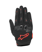 Alpinestars SP X 5 Air handsker, sports-motorcykelhandsker, sort og fluorød, med overhånd i strækbart 3D-mesh, TPU dobbelt-densitets knobeskyttelse, rødt Alpinestars-stjernelogo, åndbart perforeret design til sommer sportskørsel