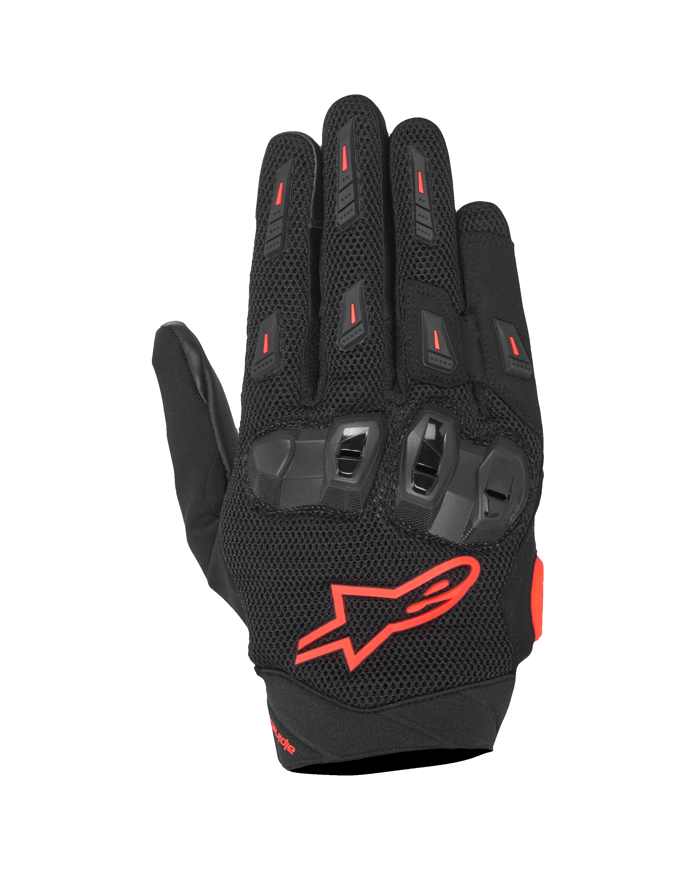 Alpinestars SP X 5 Air handsker, sports-motorcykelhandsker, sort og fluorød, med overhånd i strækbart 3D-mesh, TPU dobbelt-densitets knobeskyttelse, rødt Alpinestars-stjernelogo, åndbart perforeret design til sommer sportskørsel