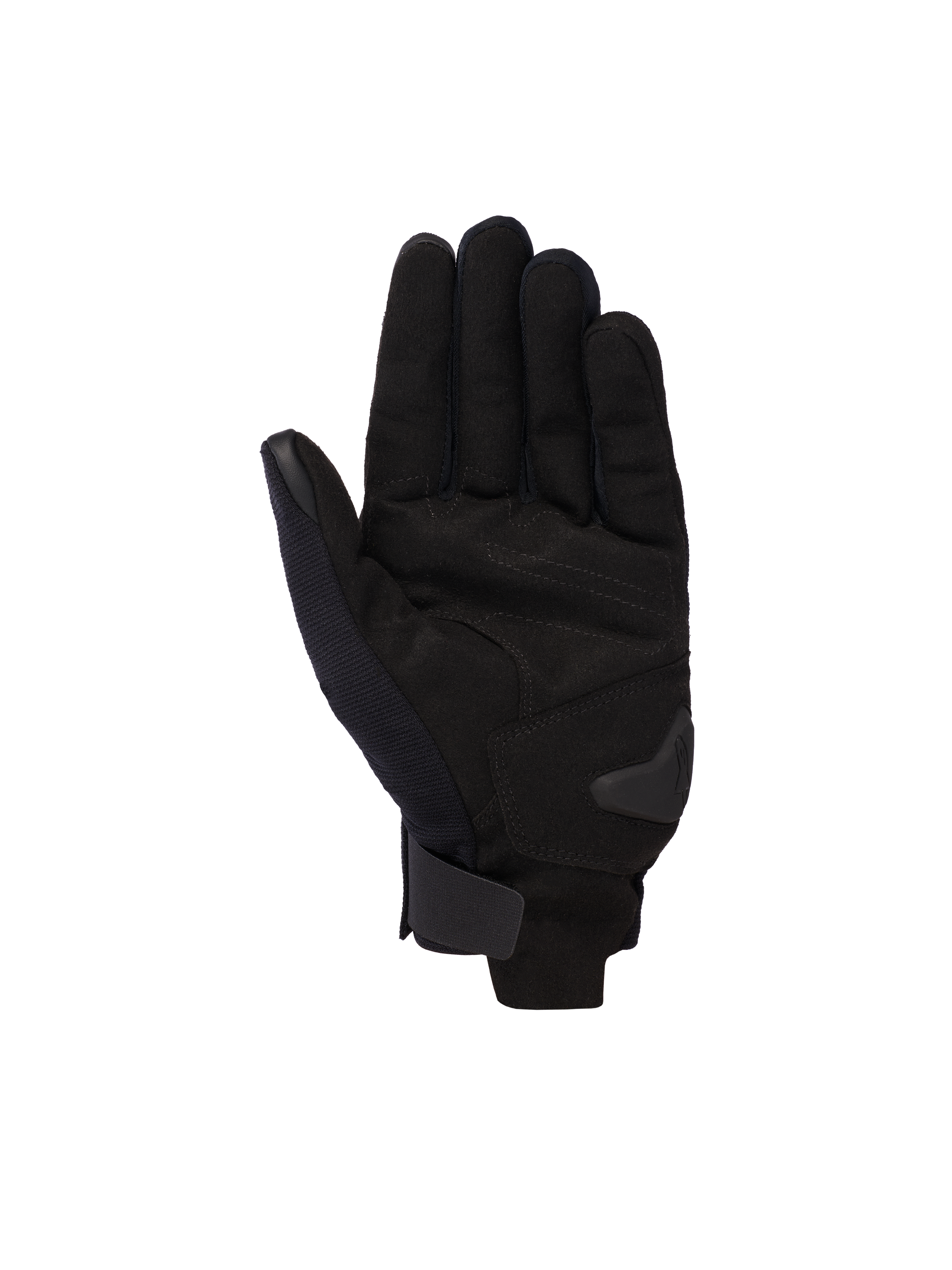 Alpinestars Reef V2 handsker, sort, motorcykelhandsker med kort manchet, visning af håndflade i syntetisk ruskind, forstærket polstring i håndfladen og krog-og-løkke-lukning ved håndleddet, moderne urbant design til landevejskørsel