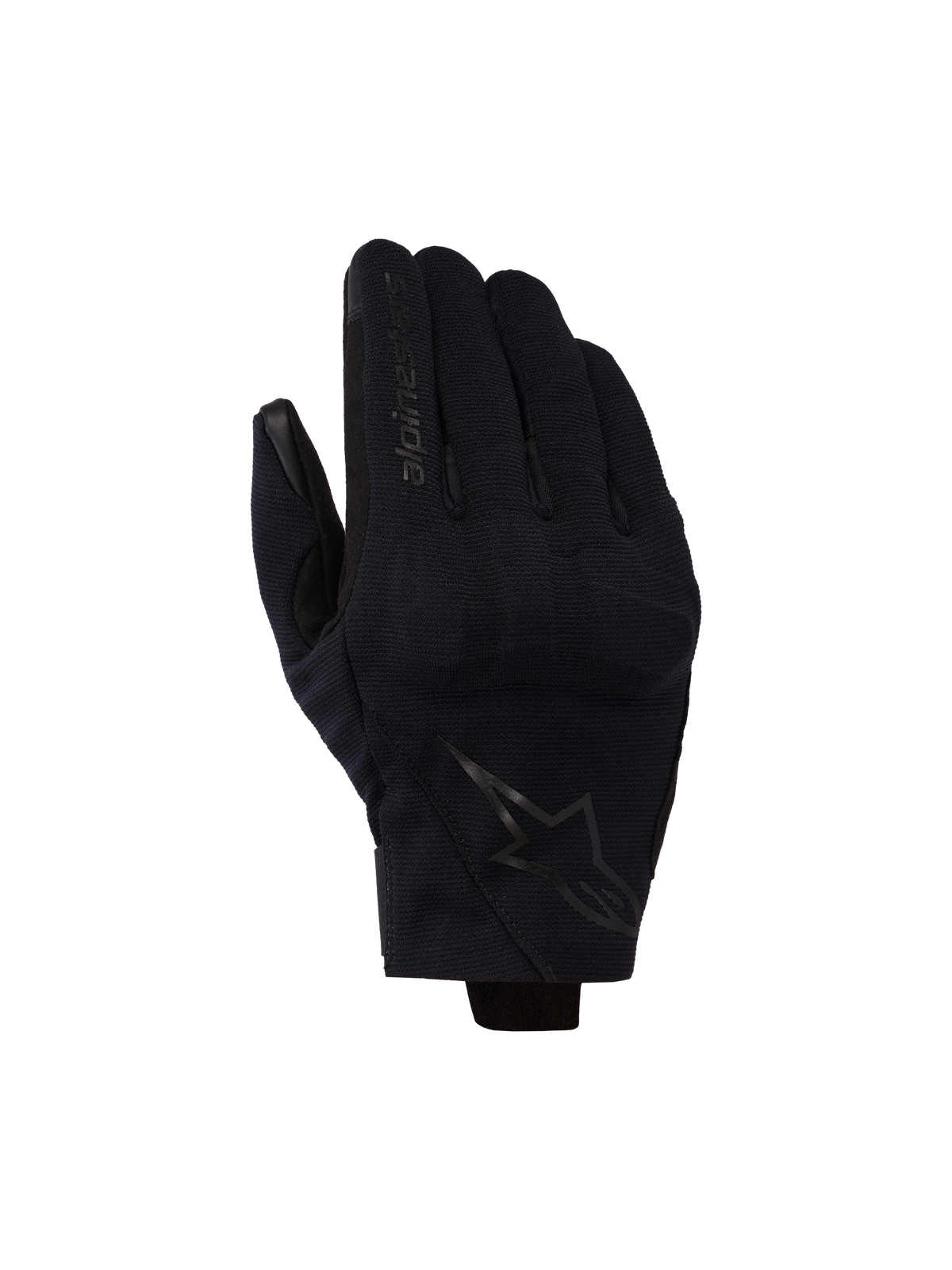 Alpinestars Reef V2 handsker, sort, motorcykelhandsker med kort manchet, tekstureret strækstof, ergonomisk design med brand-logo på pegefingeren og stjerne-emblem på håndryggen